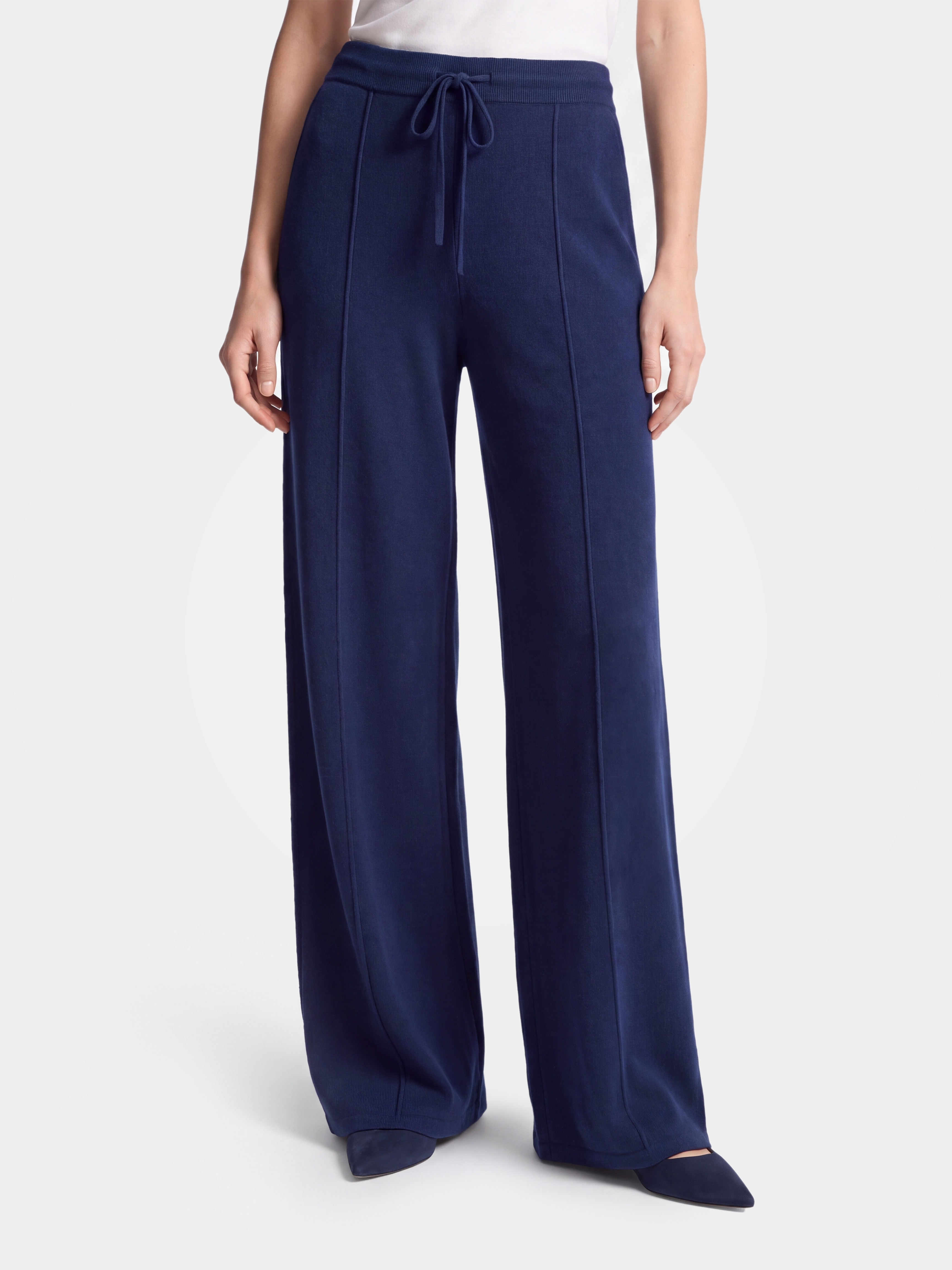Women’s 100% Cashmere Wide-Leg Pants High-Waist Drawstring Knit Trousers