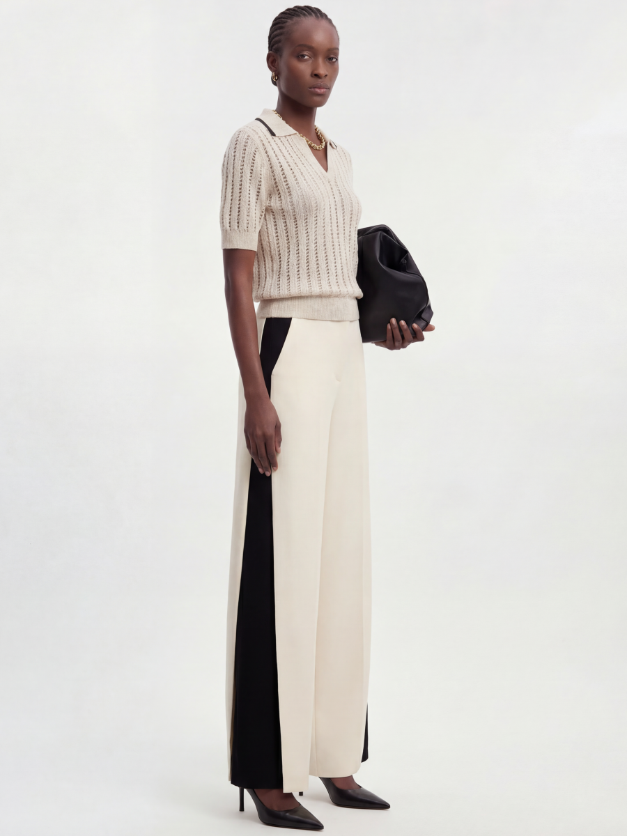 Linen Cotton Short Sleeve Openwork Knit Polo Top