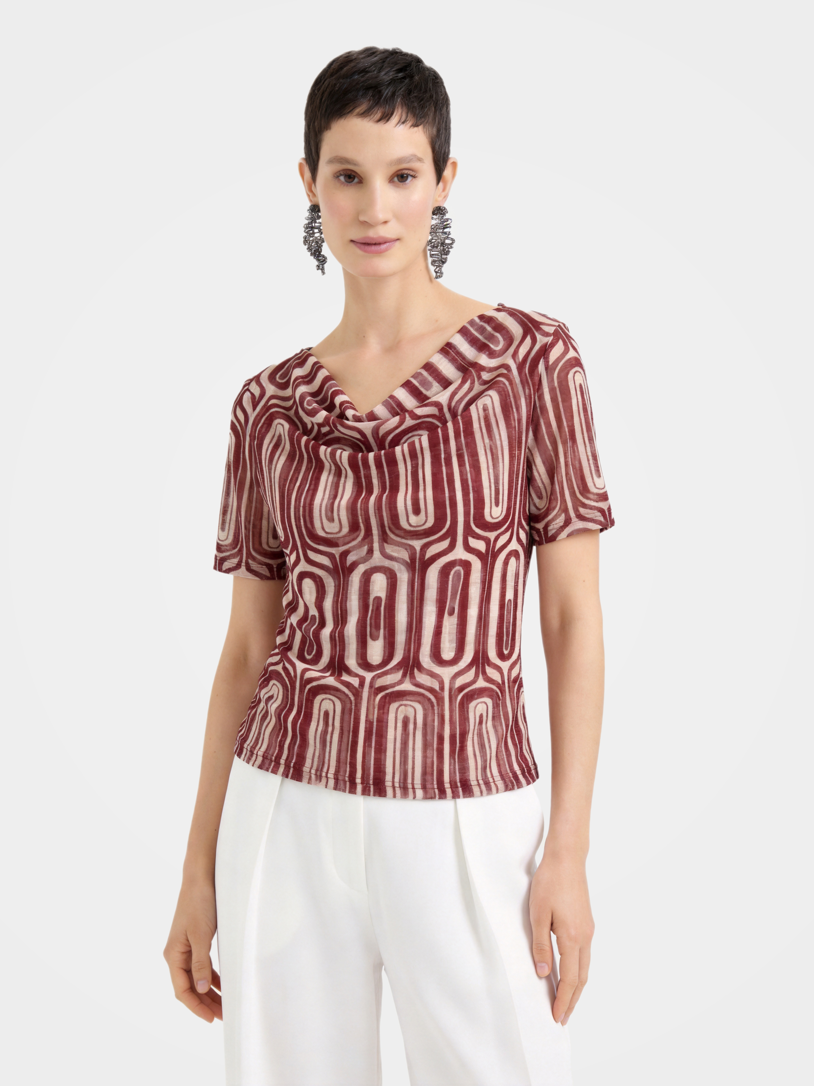 Printed Breathable Silk Cowl Neck Short Sleeve Top