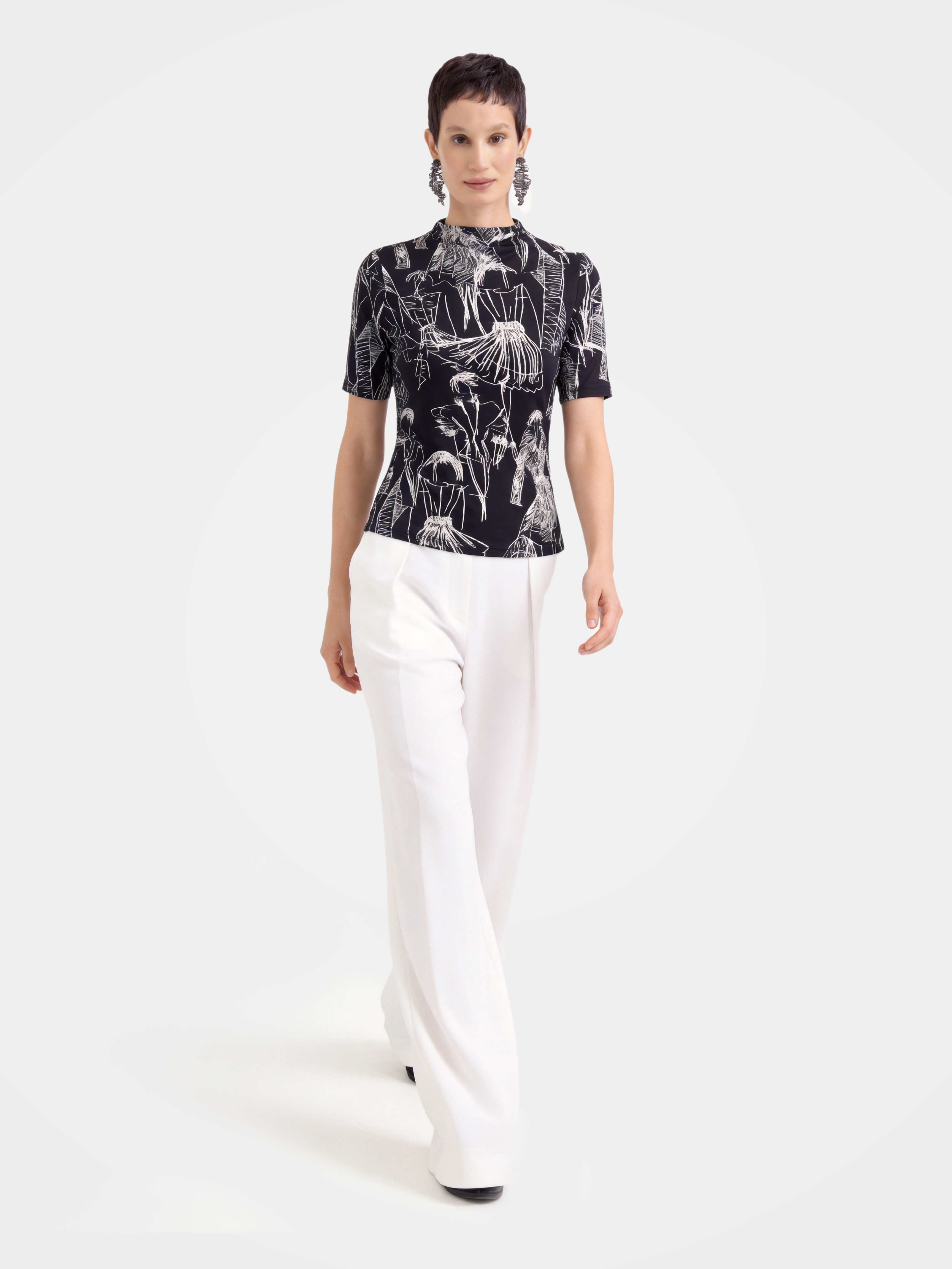 Printed Breathable Silk Mock Neck Short Sleeve Top