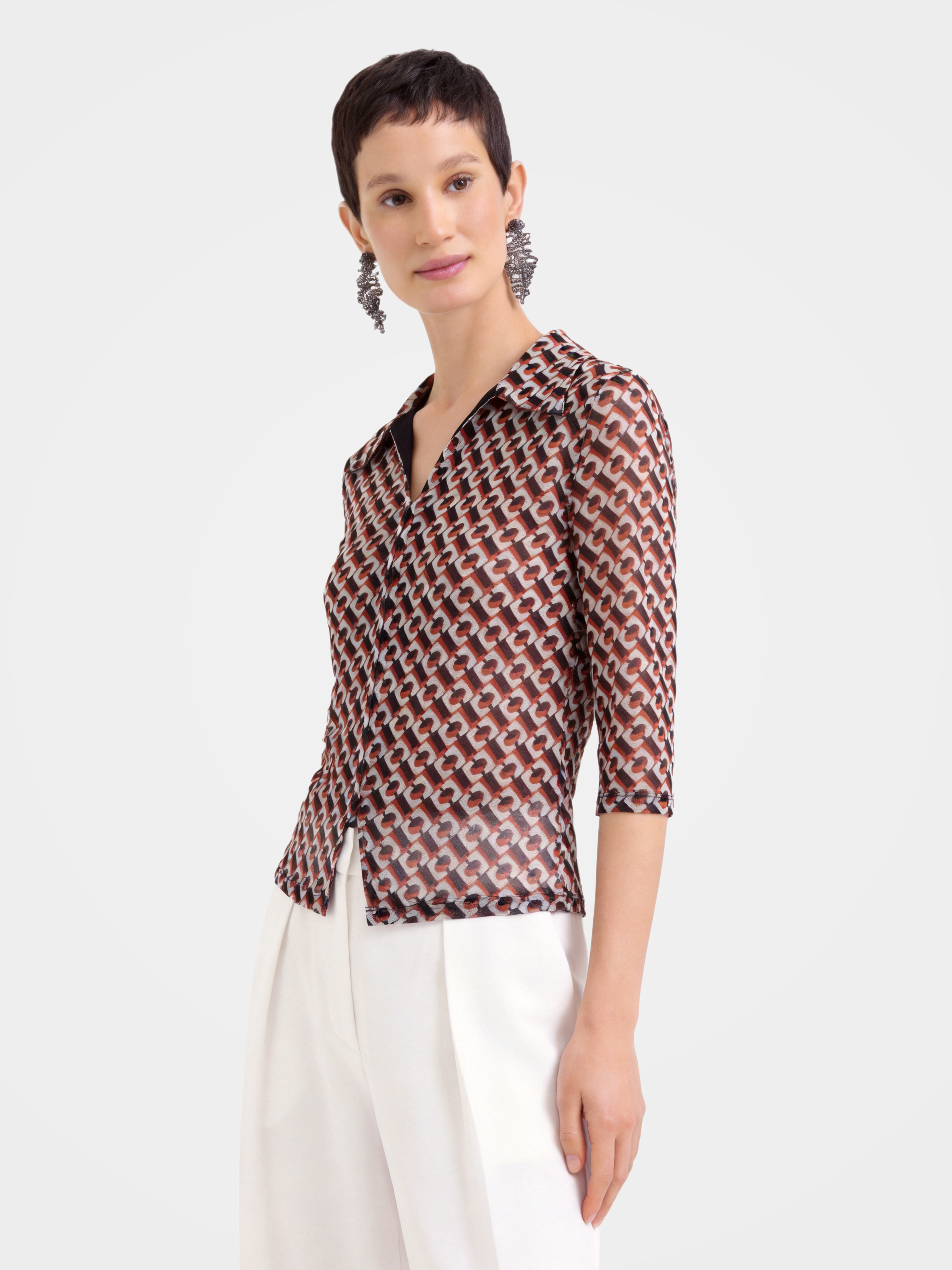 Breathable Printed Lapel Silk Blouse