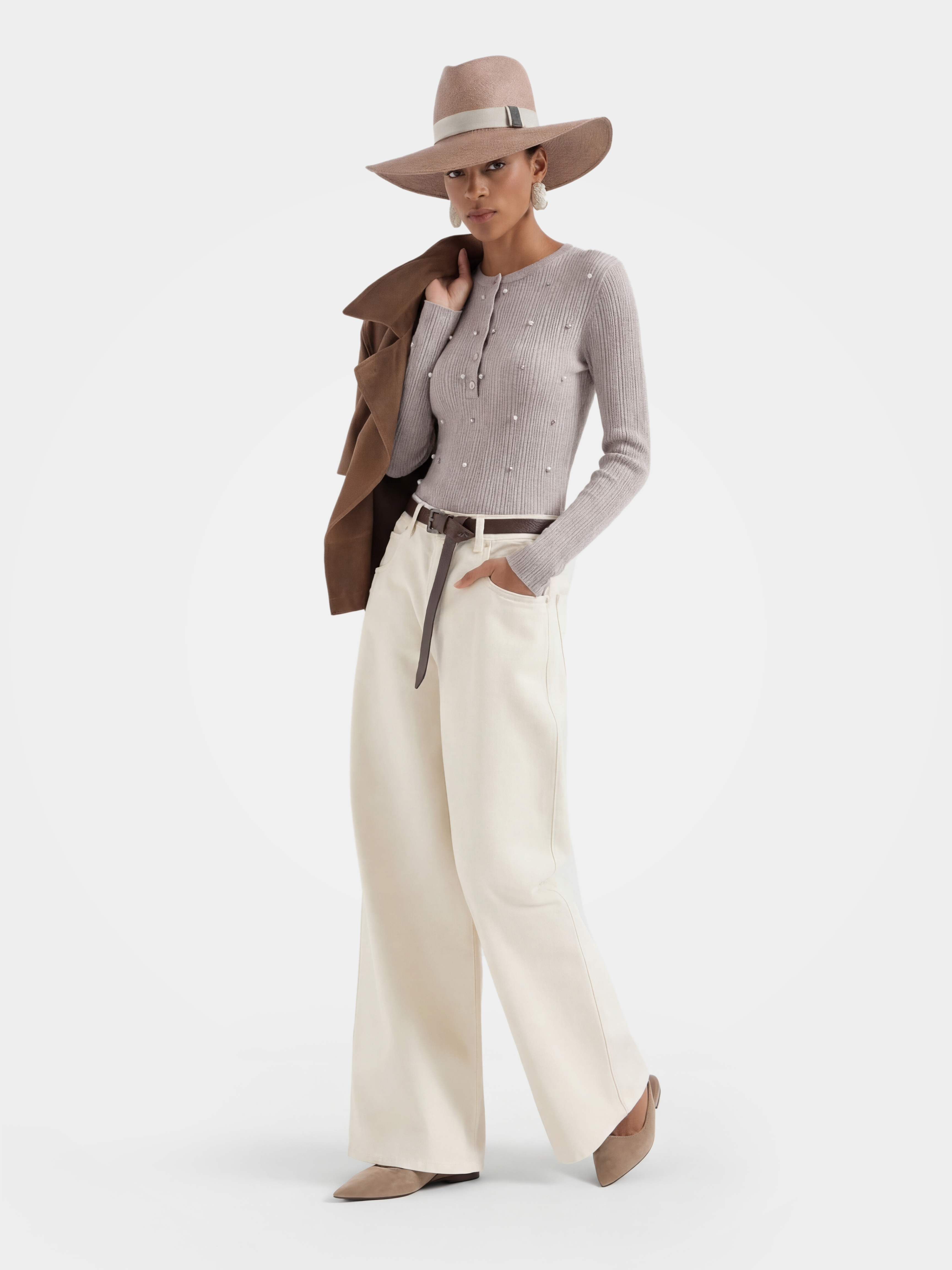 Lightweight Wool Cashmere Beaded Rib Knit Top