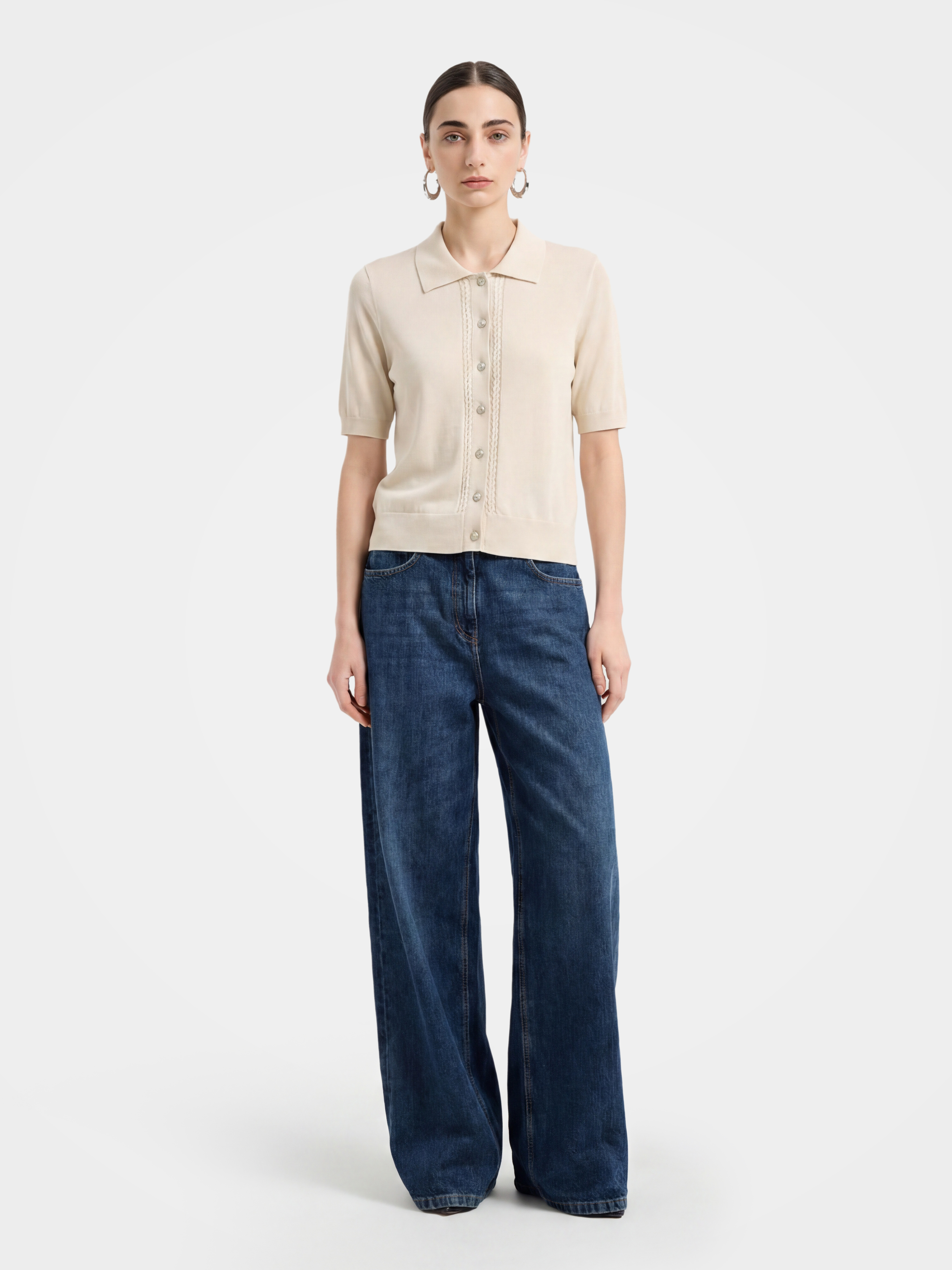 Minimalist Cotton Knit Polo Top with Jewel Buttons
