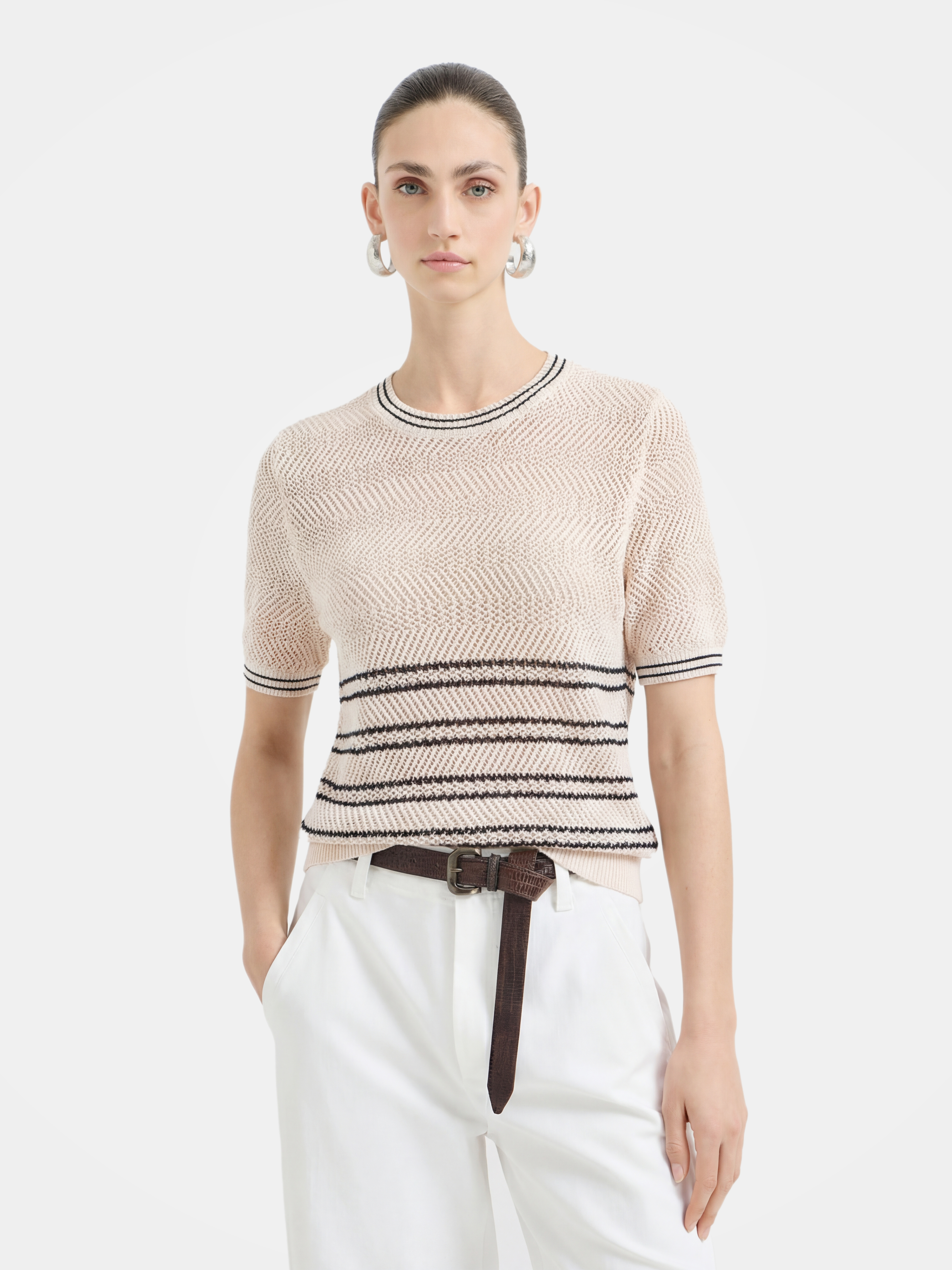 Airy Cotton Silk Blend Textured Short Sleeve Top