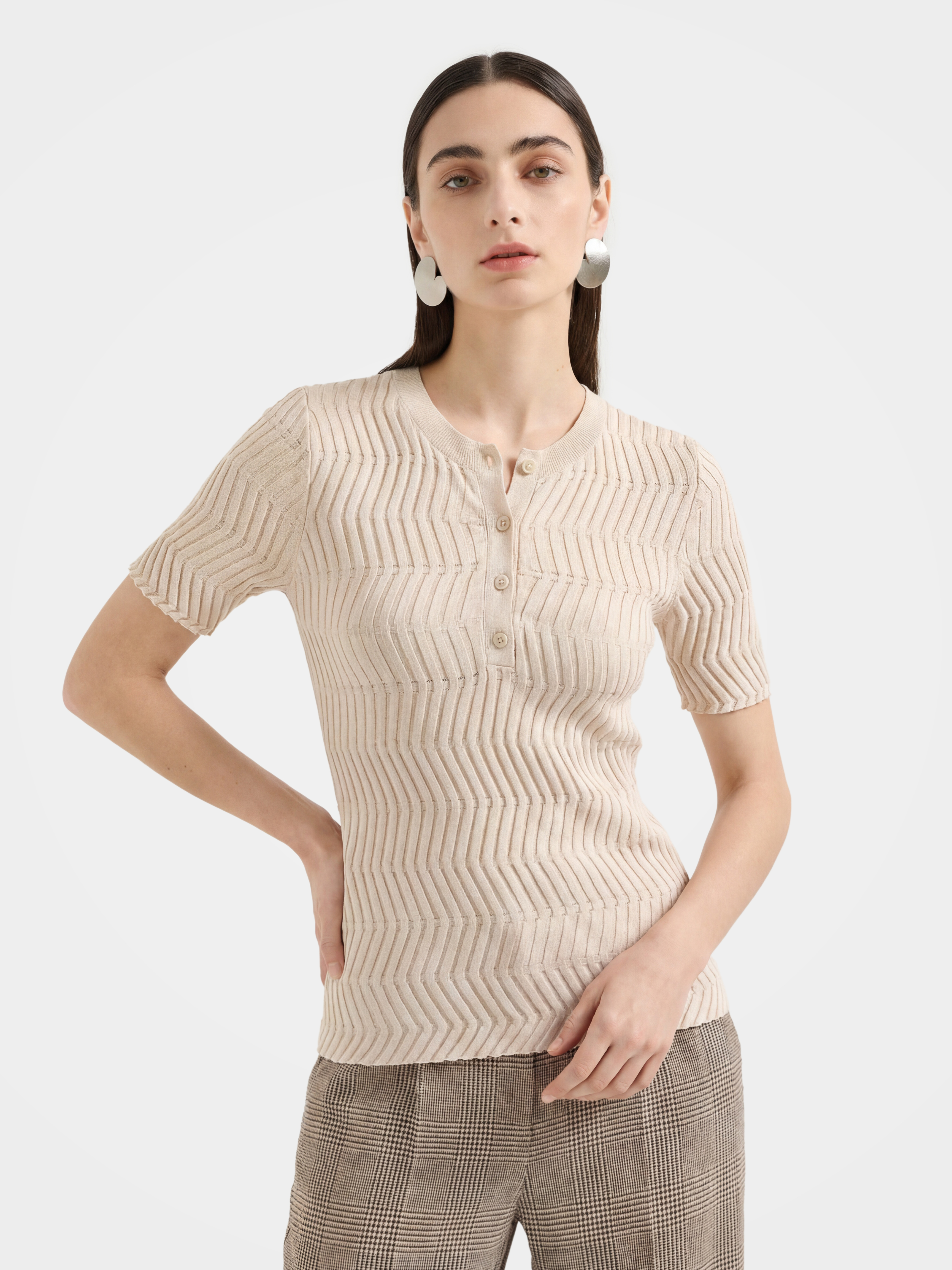 Minimalist Ribbed Knit Button Front Short Sleeve Pullover