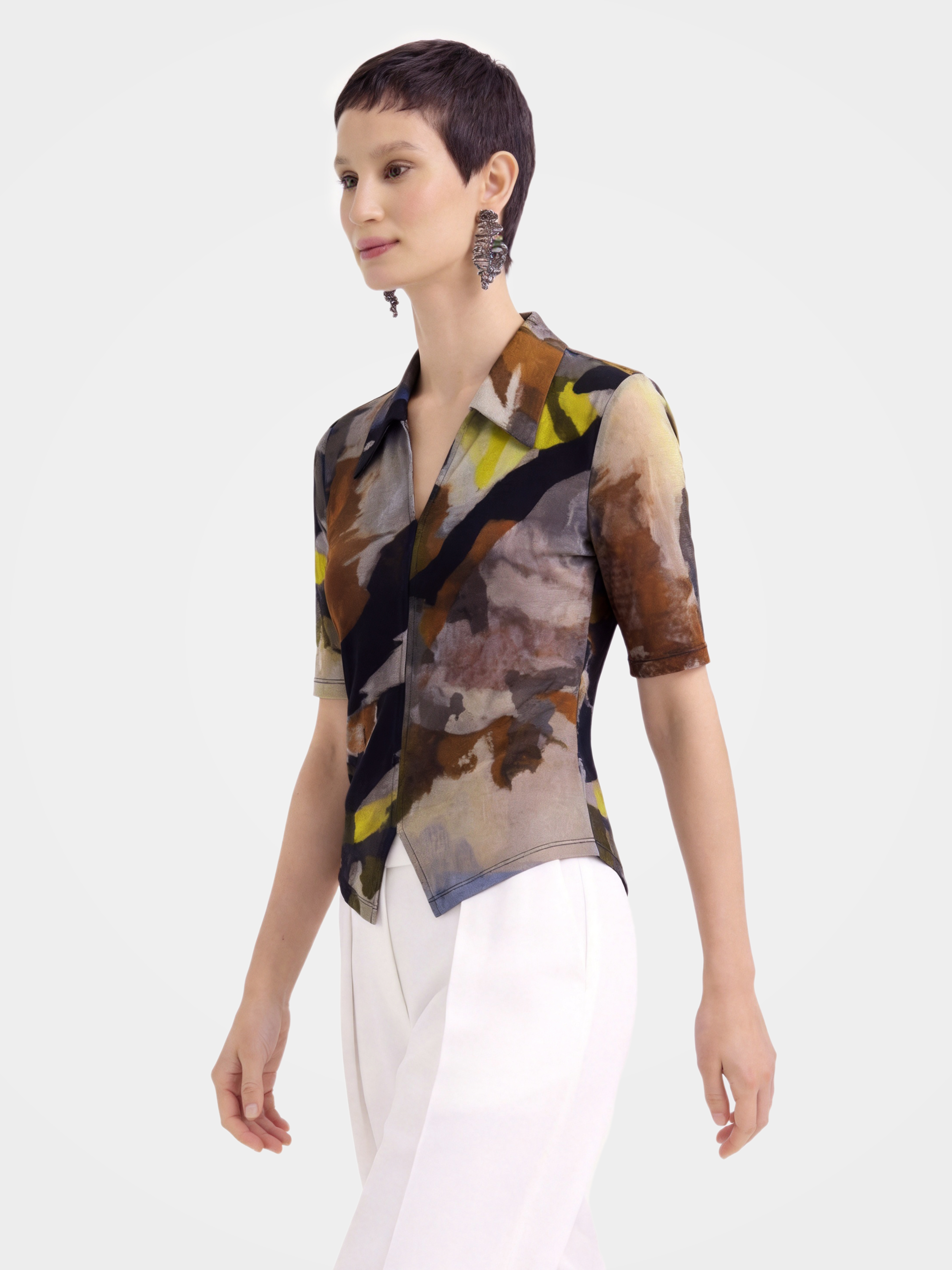 Lightweight Multicolor Printed V Neck 100% Mulberry Silk Blouse