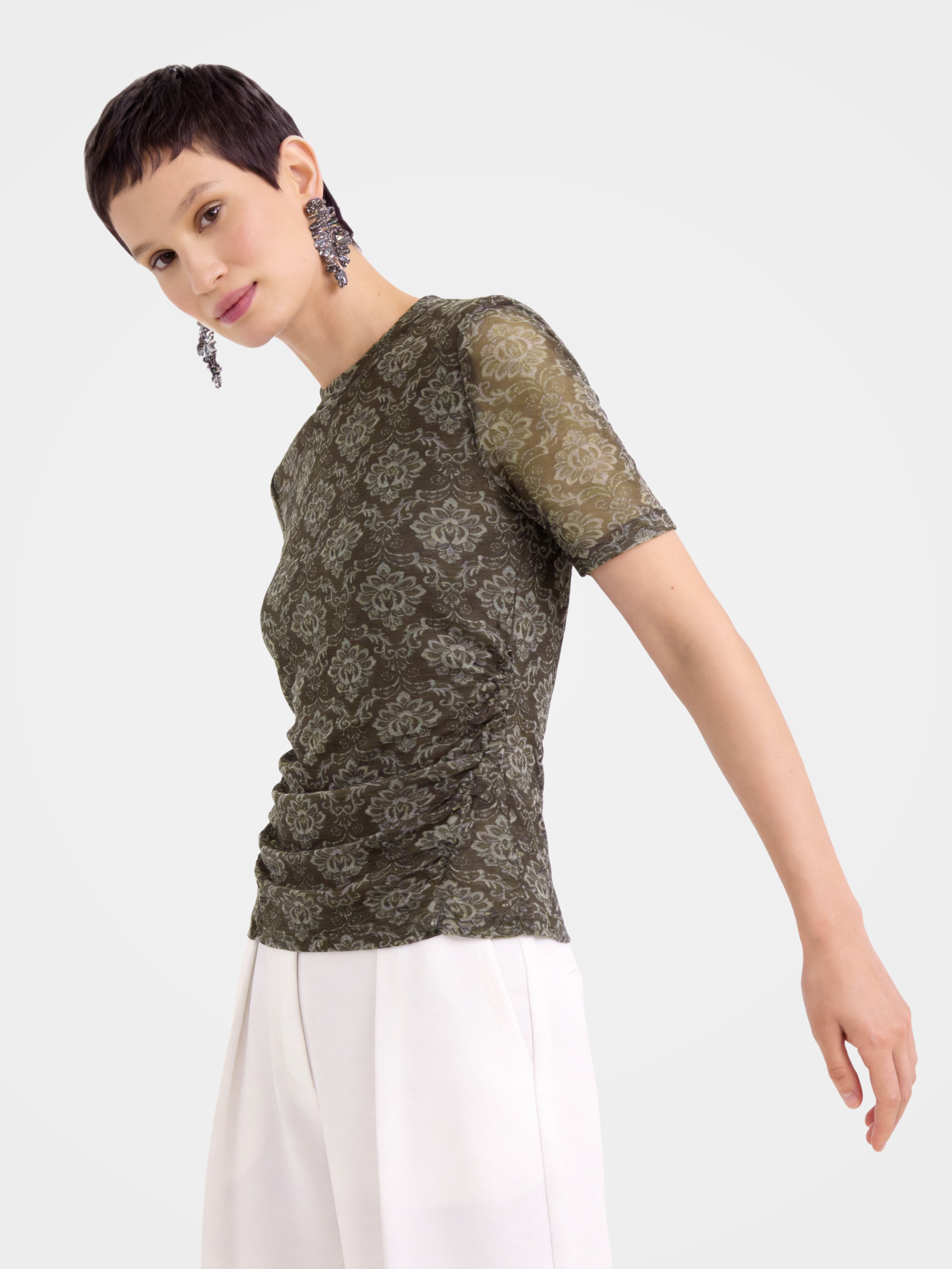 Breathable Vintage Printed Crew Neck 100% Mulberry Silk Top