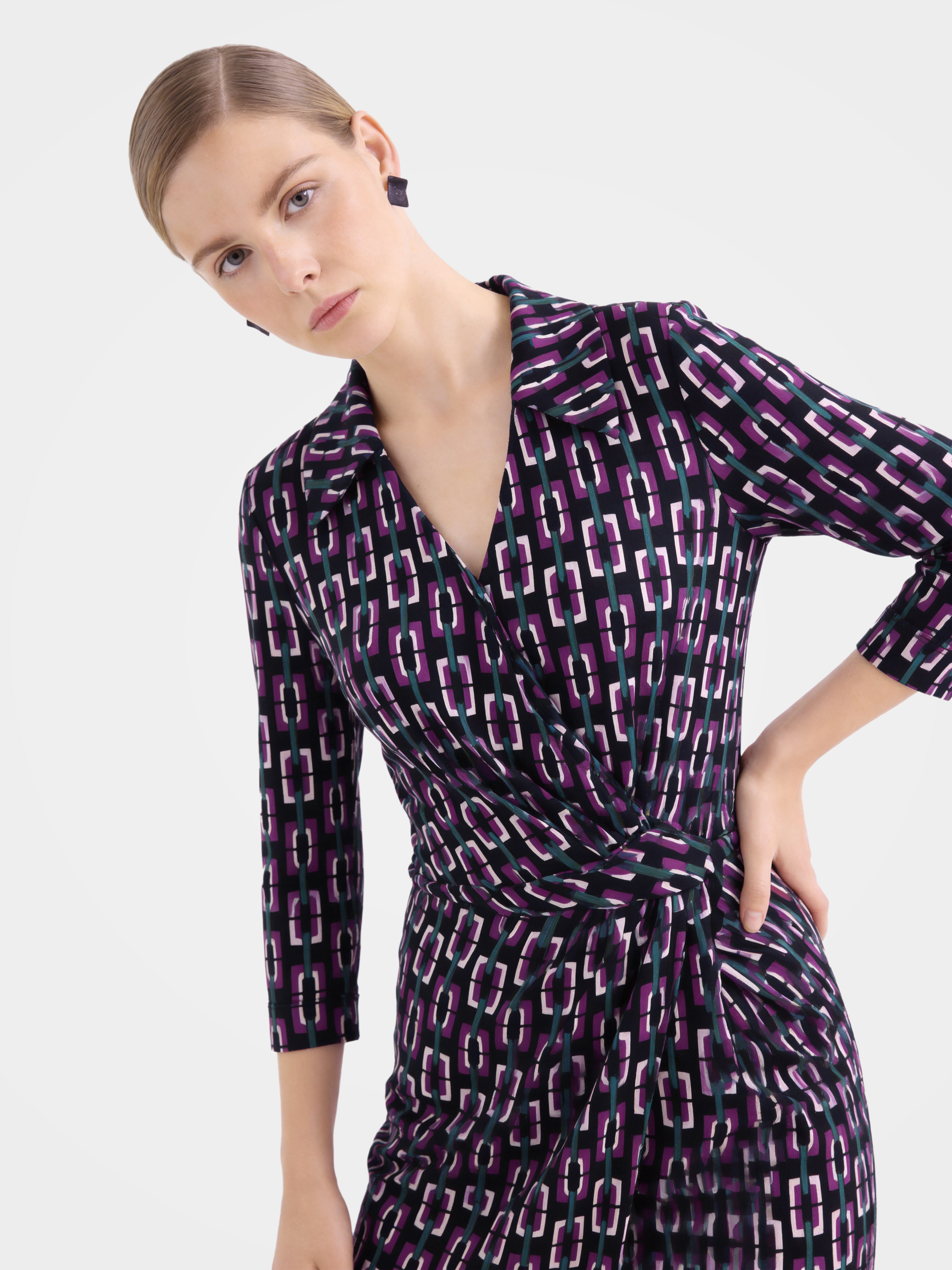 Luxury 100% Mulberry Silk Geometric Wrap Midi Dress