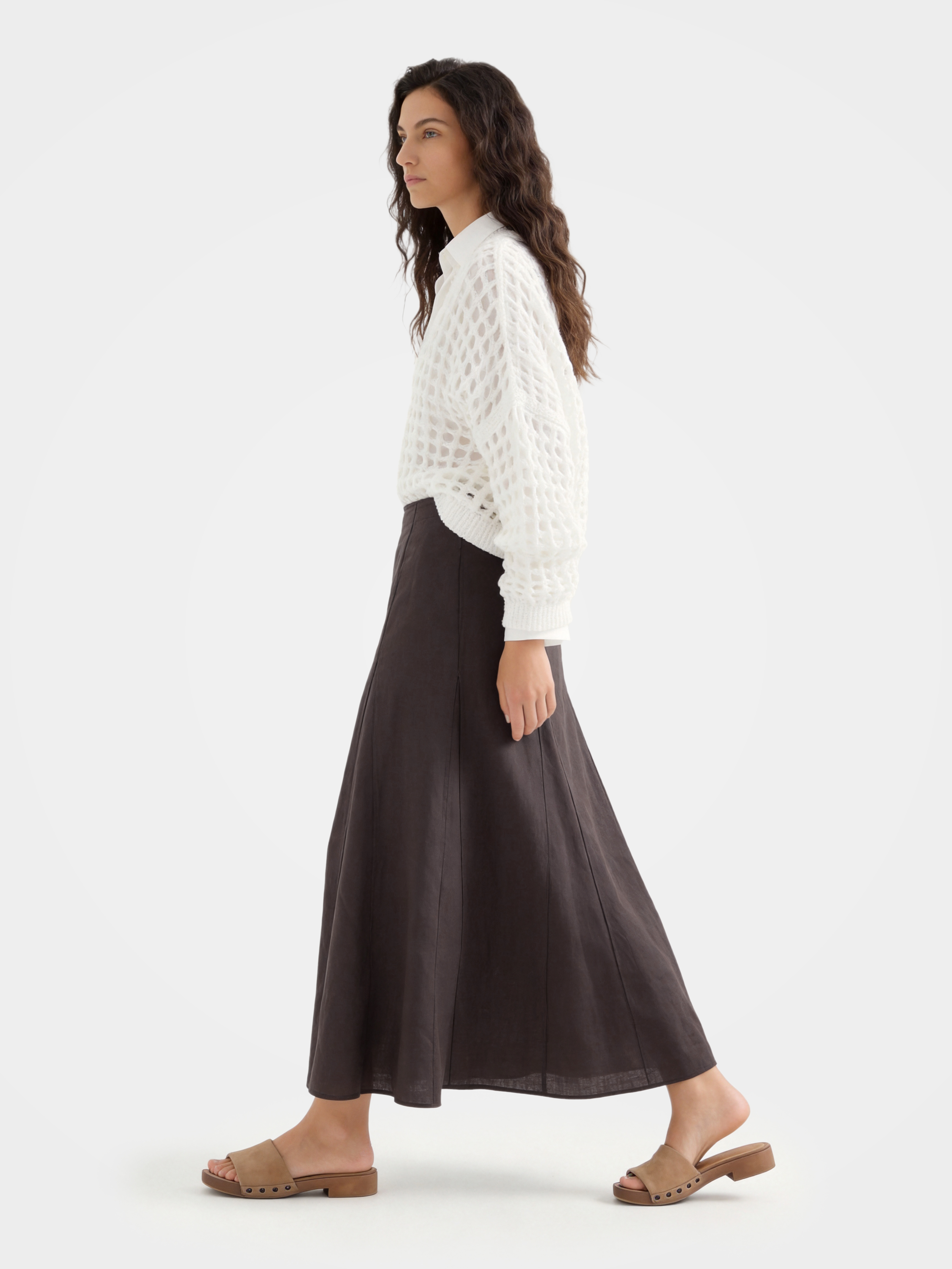 Brown Linen Classic Midi Skirt