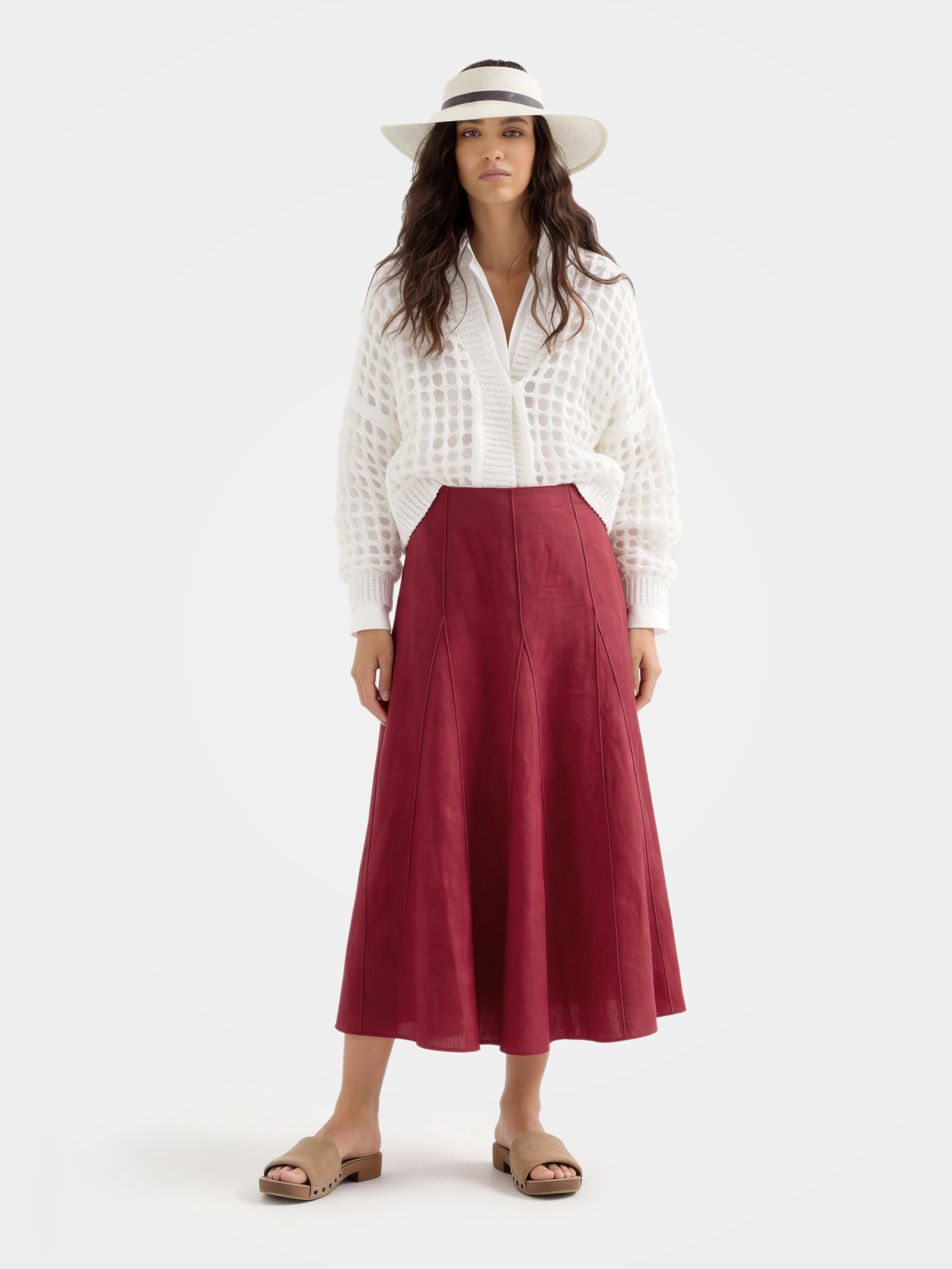 Red Linen Classic Midi Skirt