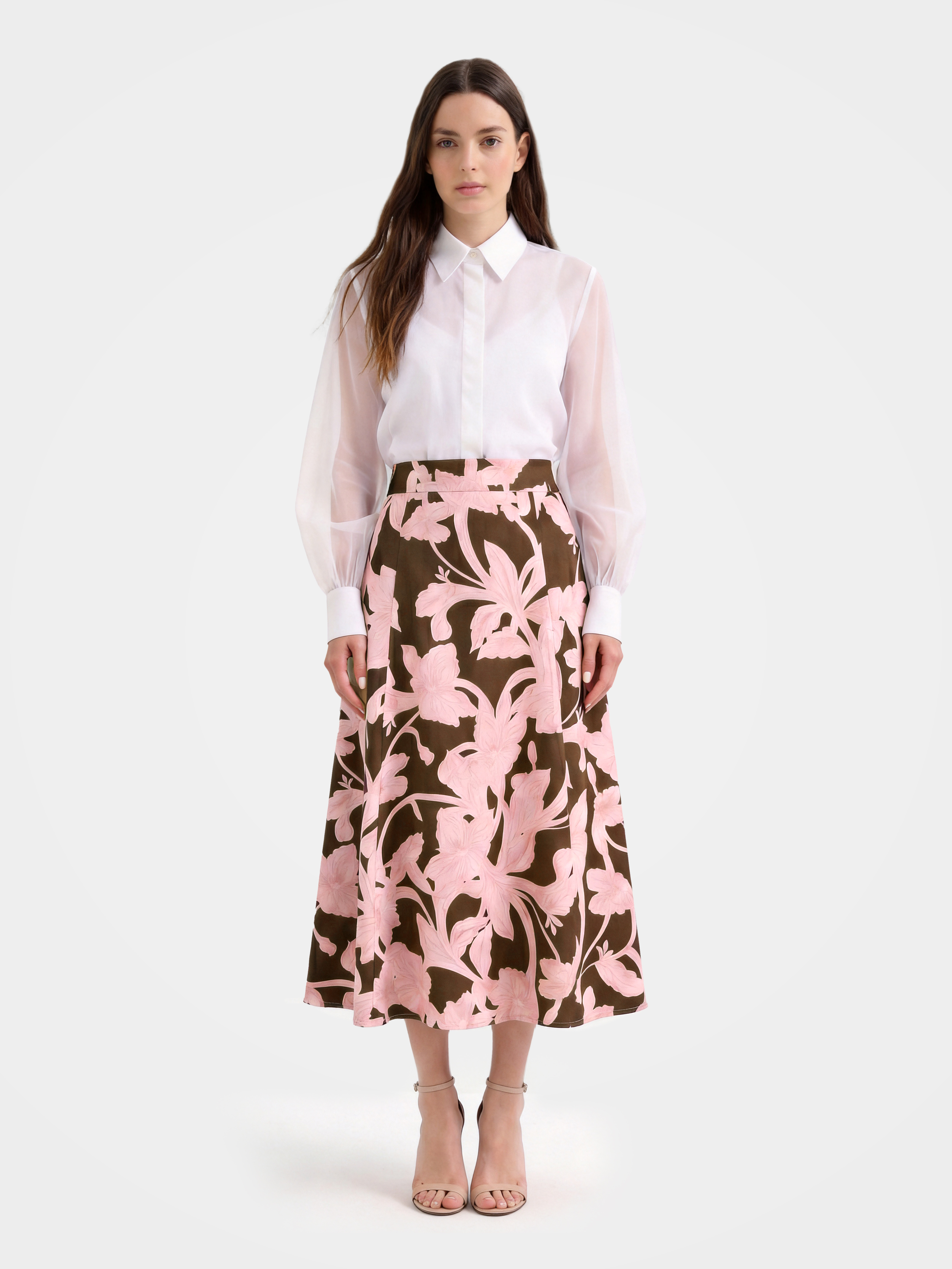 Brown Mulberry Silk Floral Printed Midi Skirt