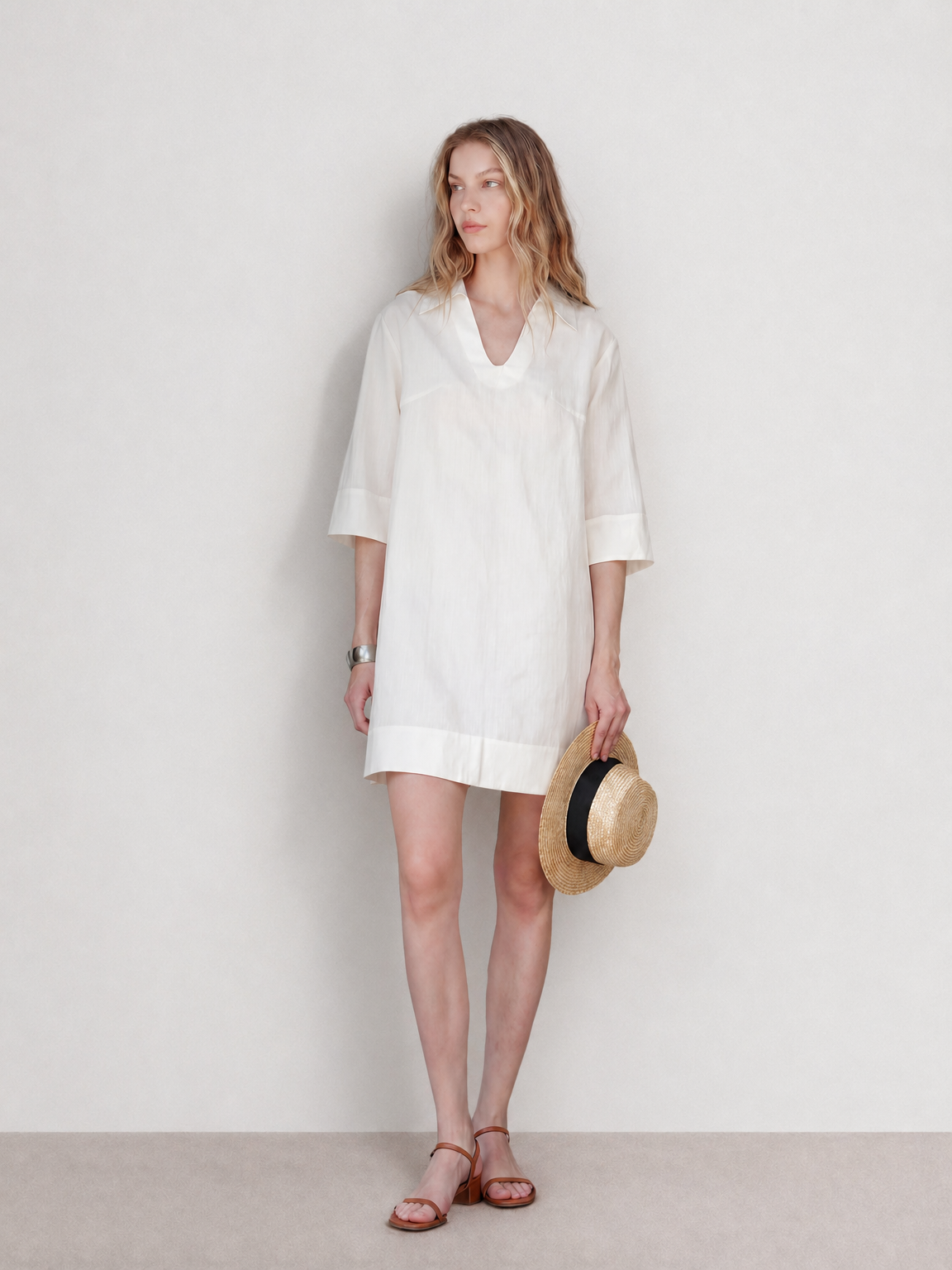 White Linen 3/4 Sleeve Midi Dress