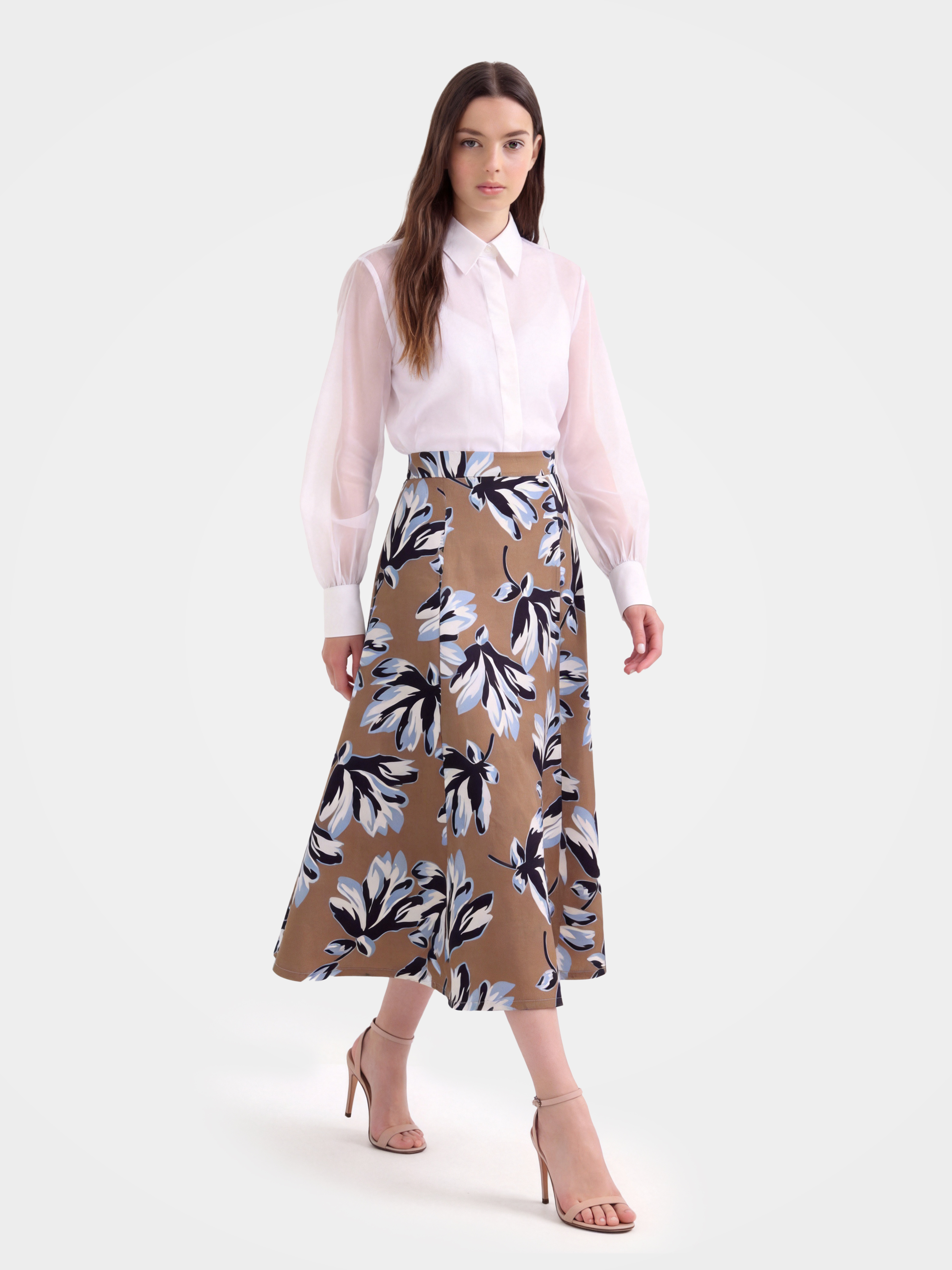 Brown Mulberry Silk Floral Printed Midi Skirt