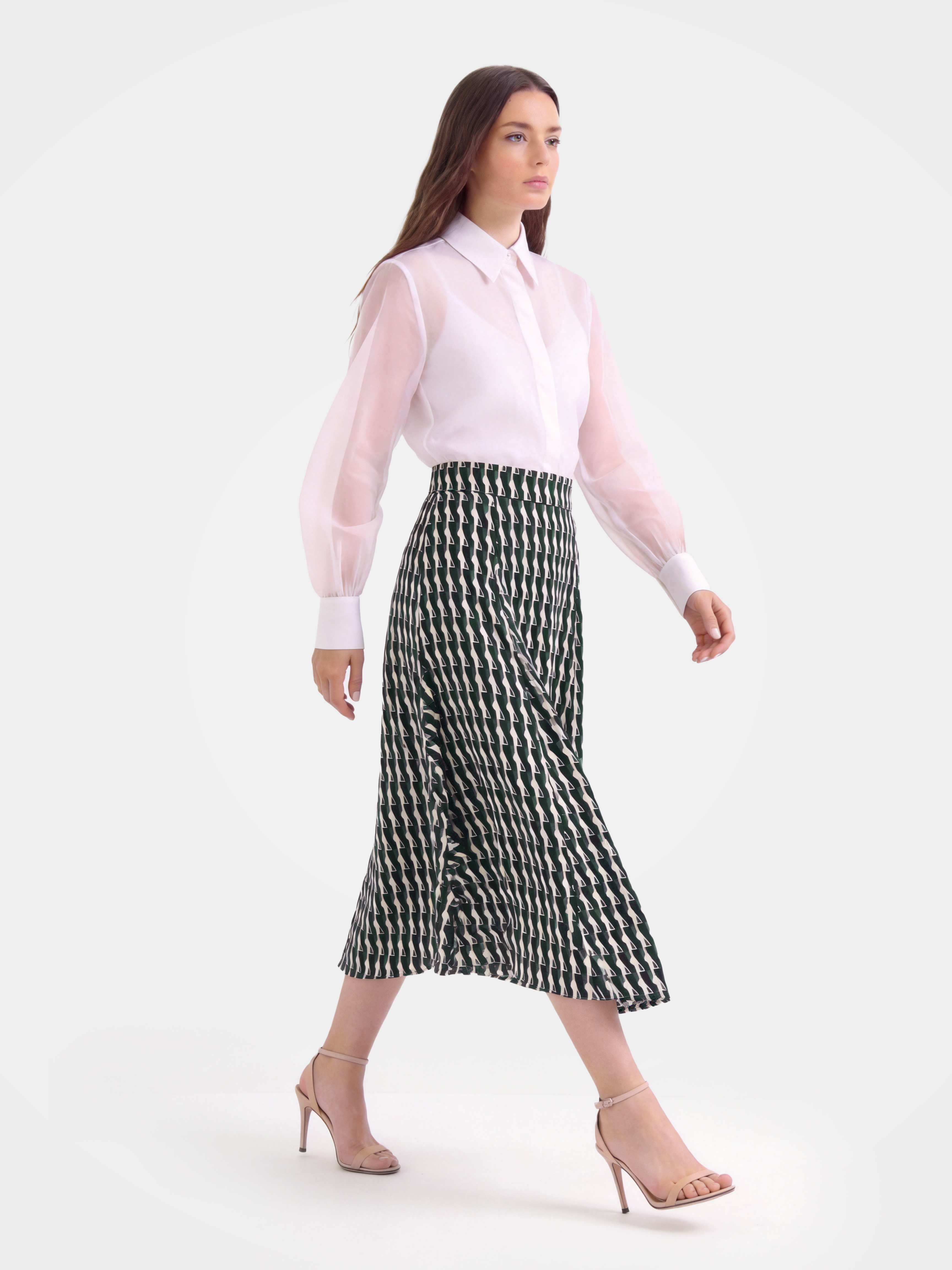 Black Mulberry Silk Geometry Printed Midi Skirt