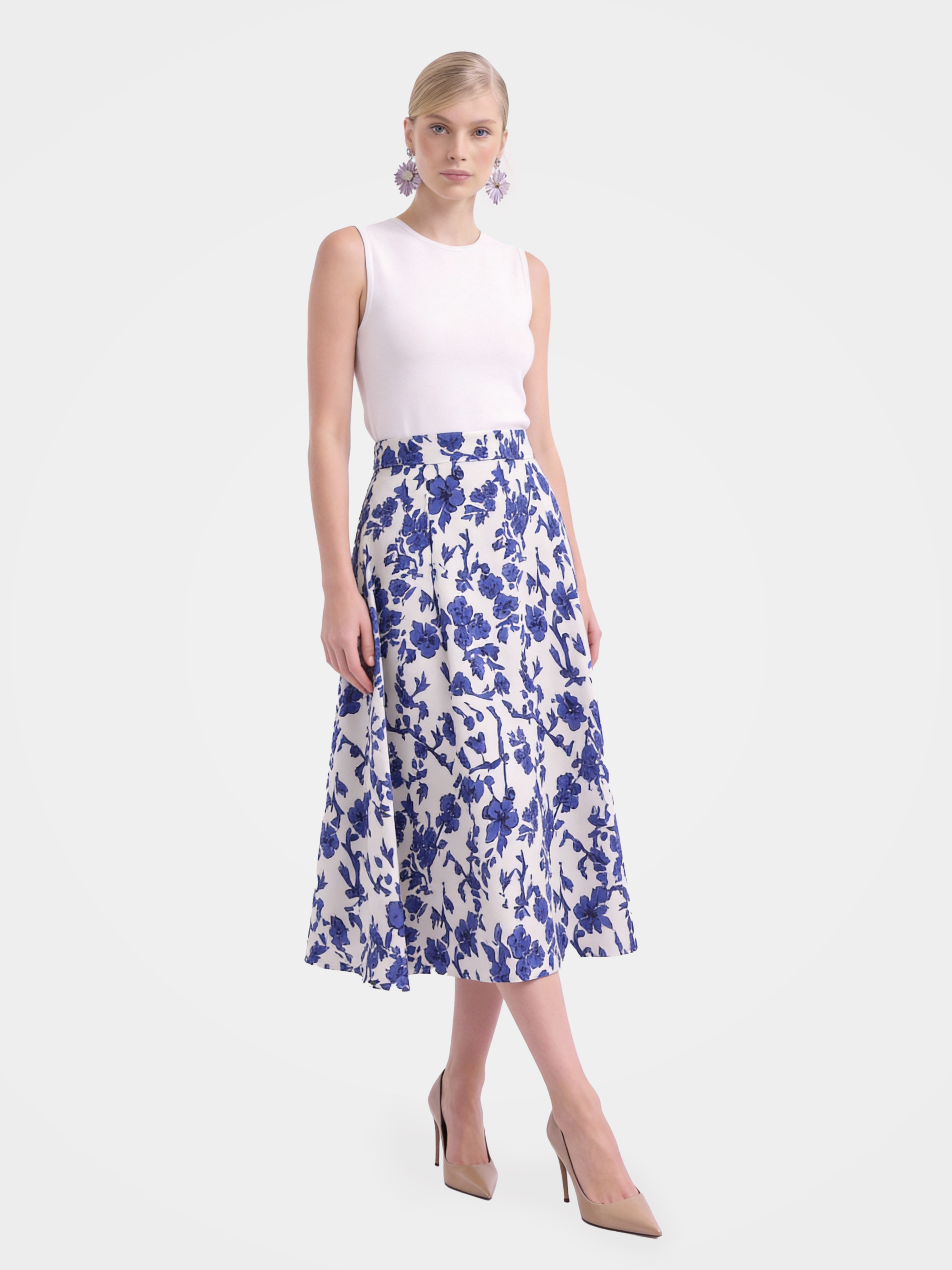 Blue Mulberry Silk Floral Printed Midi Skirt