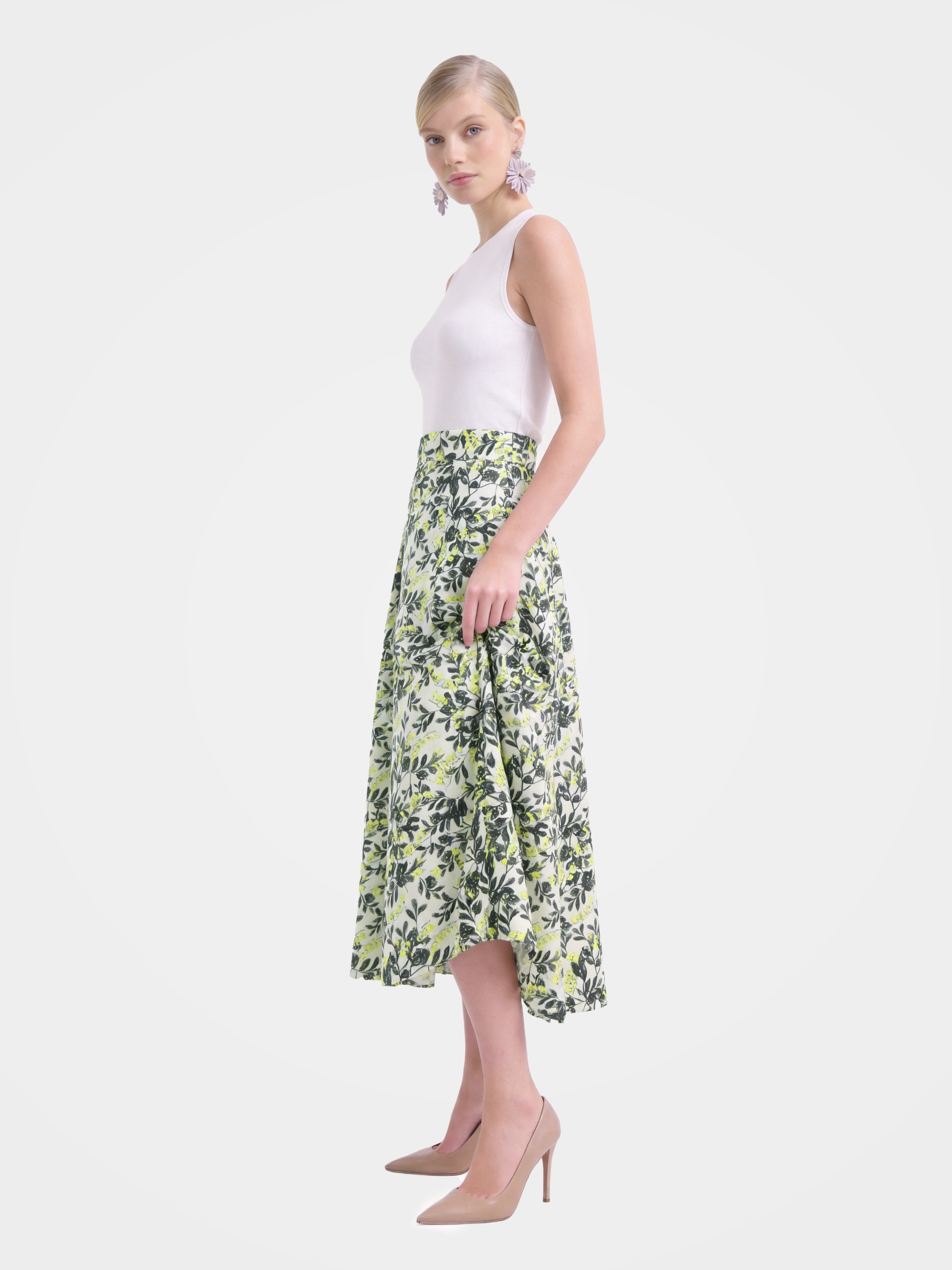 Green Mulberry Silk Floral Printed Midi Skirt