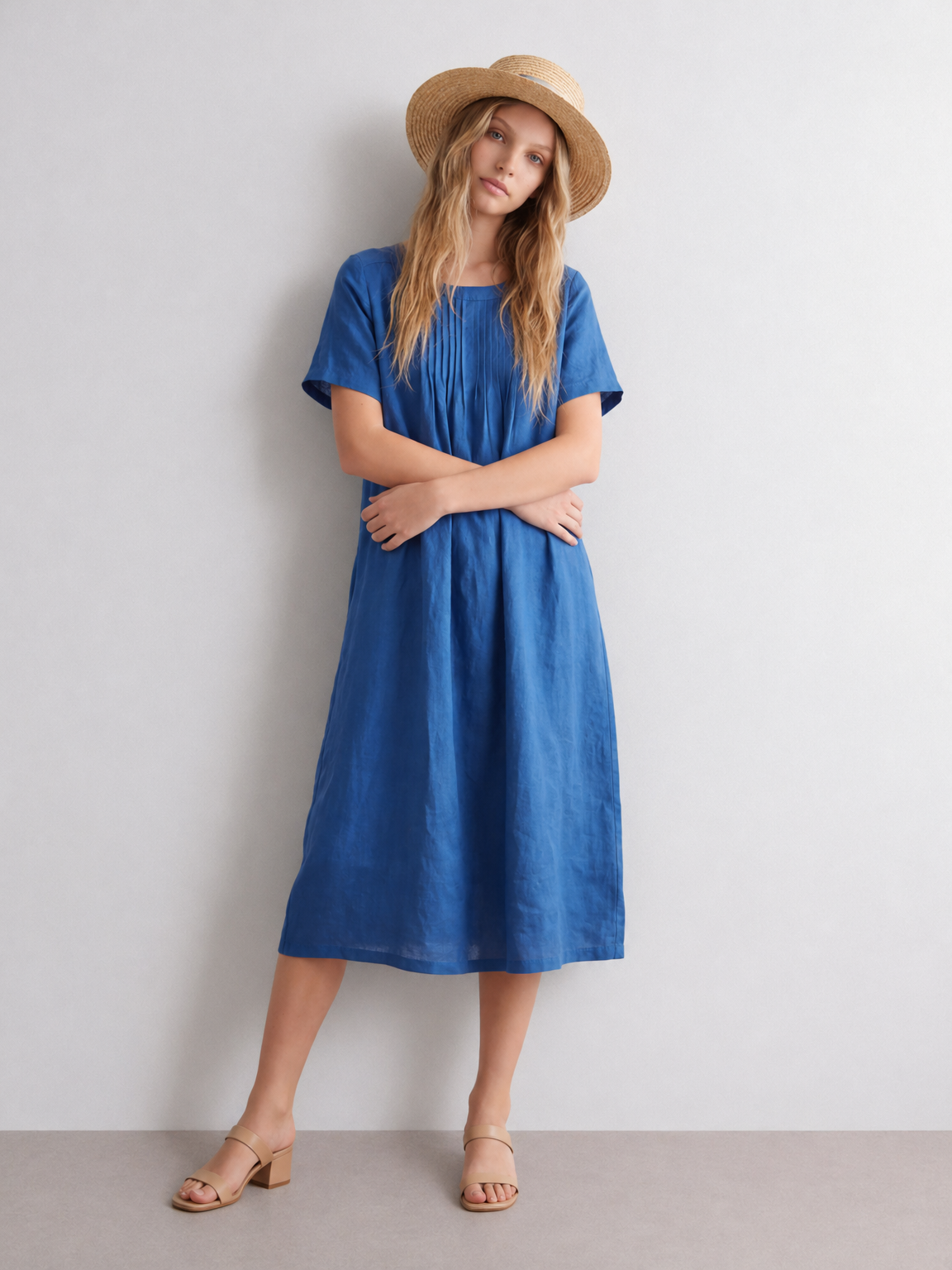 Blue Short Sleeve Midi Linen Cotton Dress