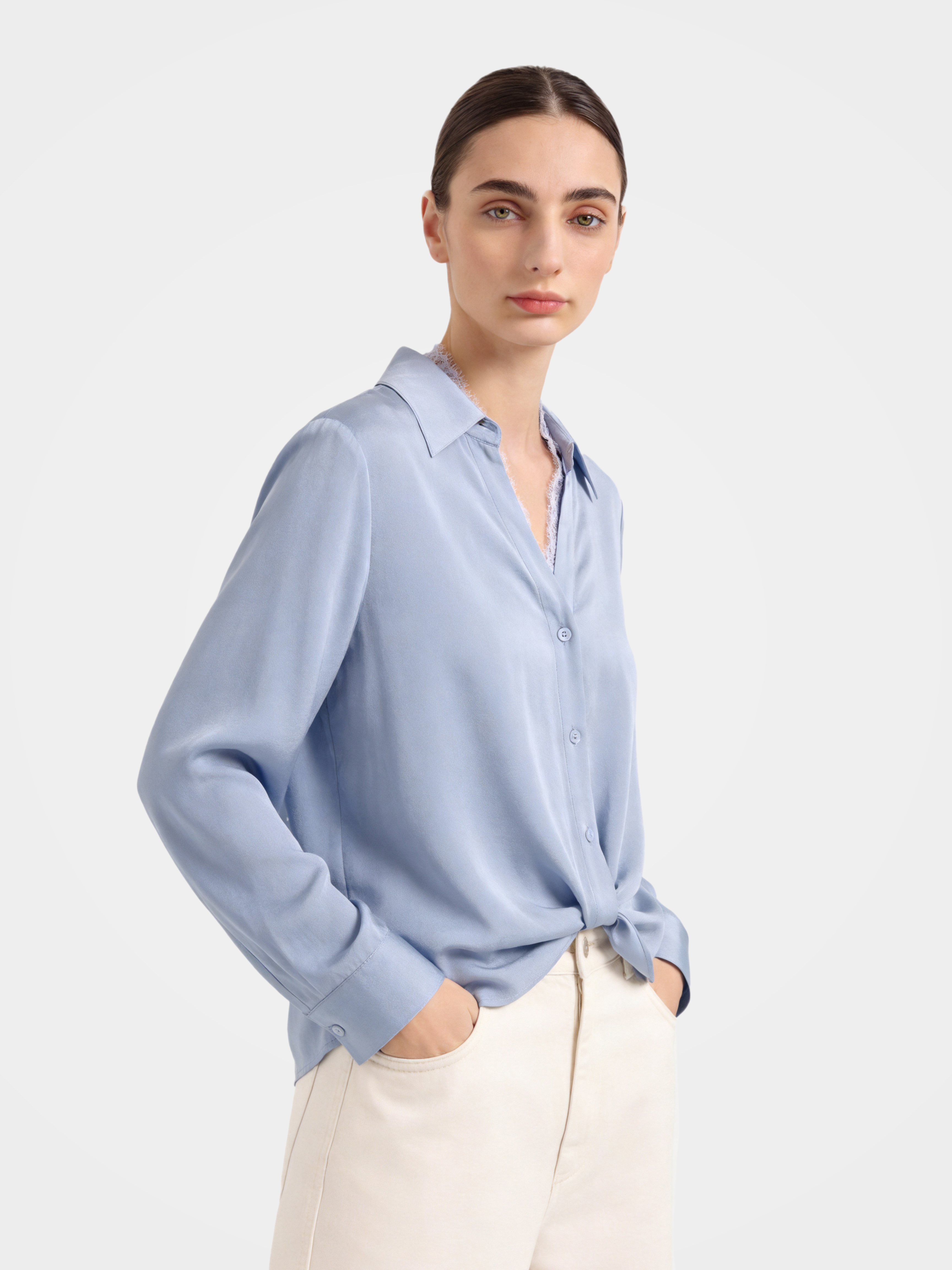 Smooth Mulberry Silk Lace Trim Button Shirt