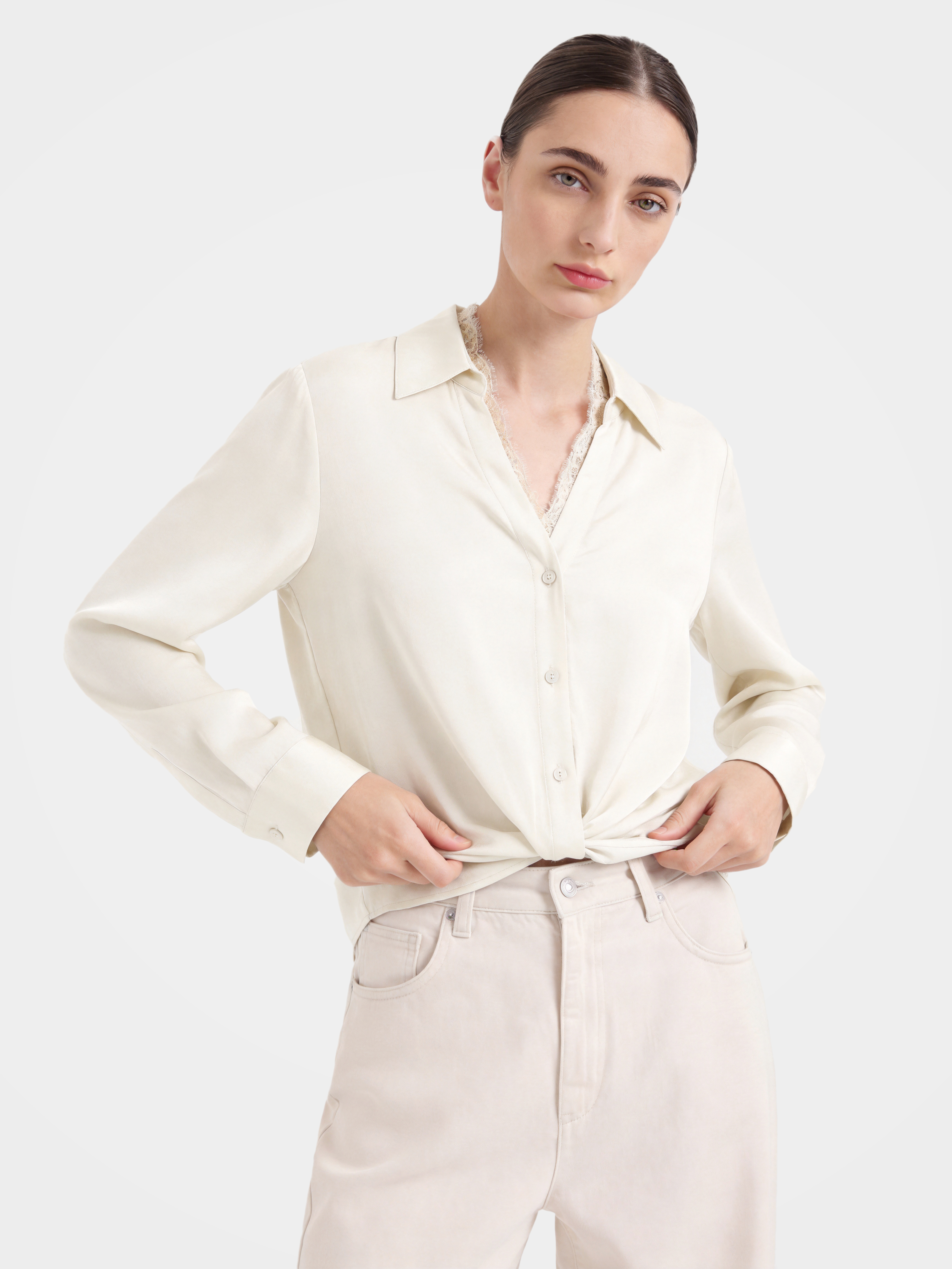 Smooth Mulberry Silk Lace Trim Button Shirt