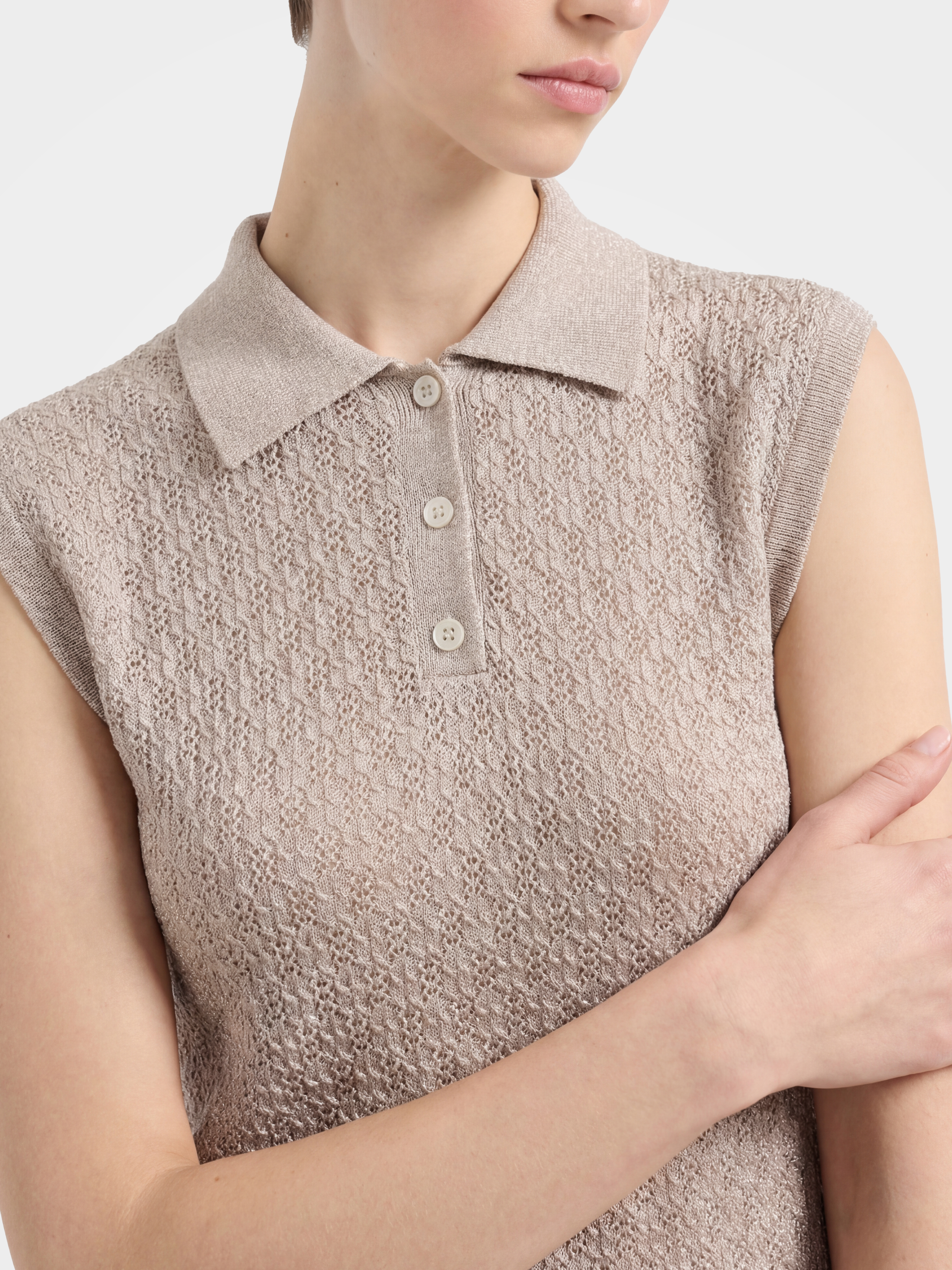 Breathable Cotton Textured Knit Polo Sleeveless Top