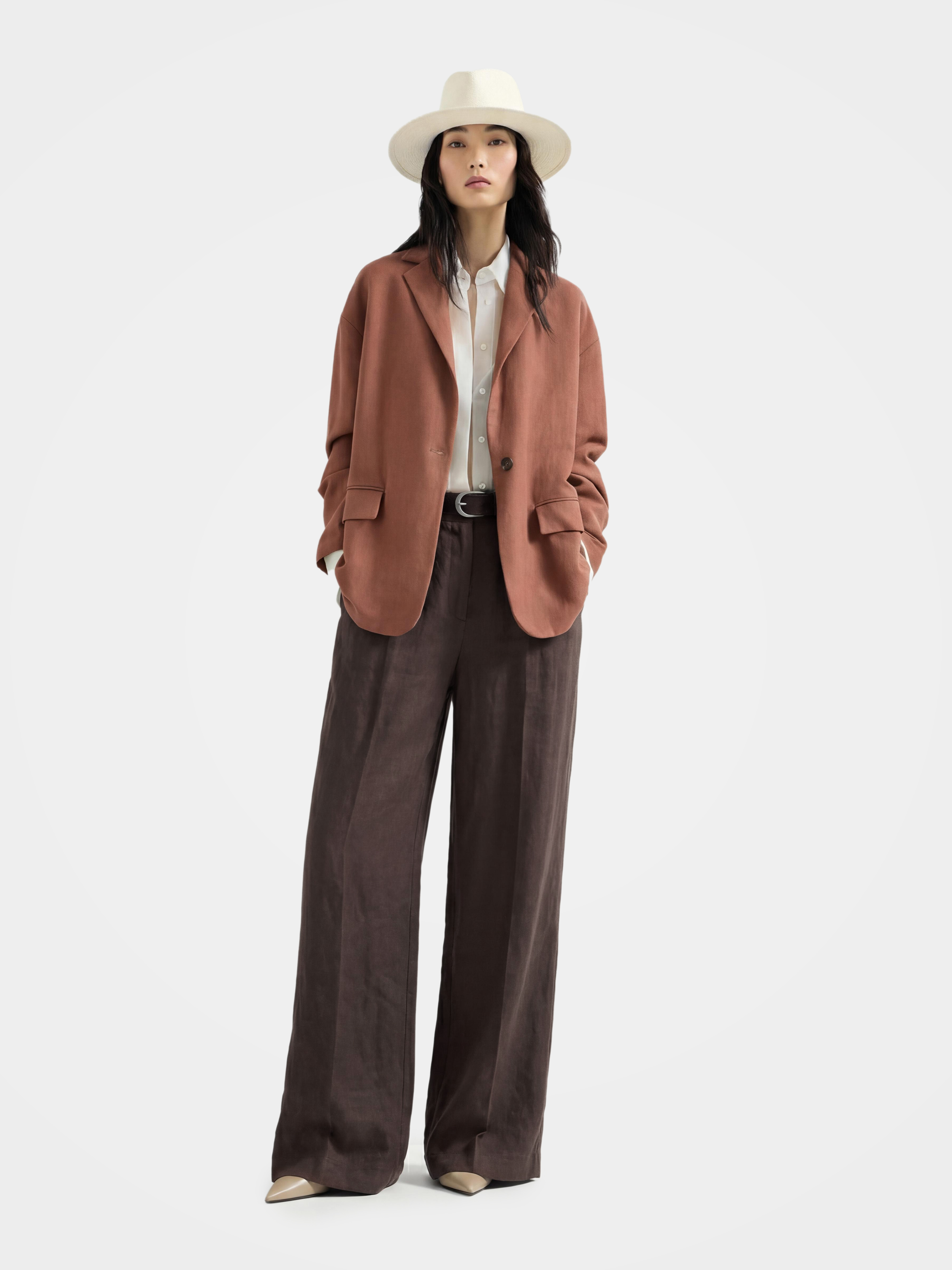 Structured Drape Linen-Blend Wide Leg Pant with Pockets