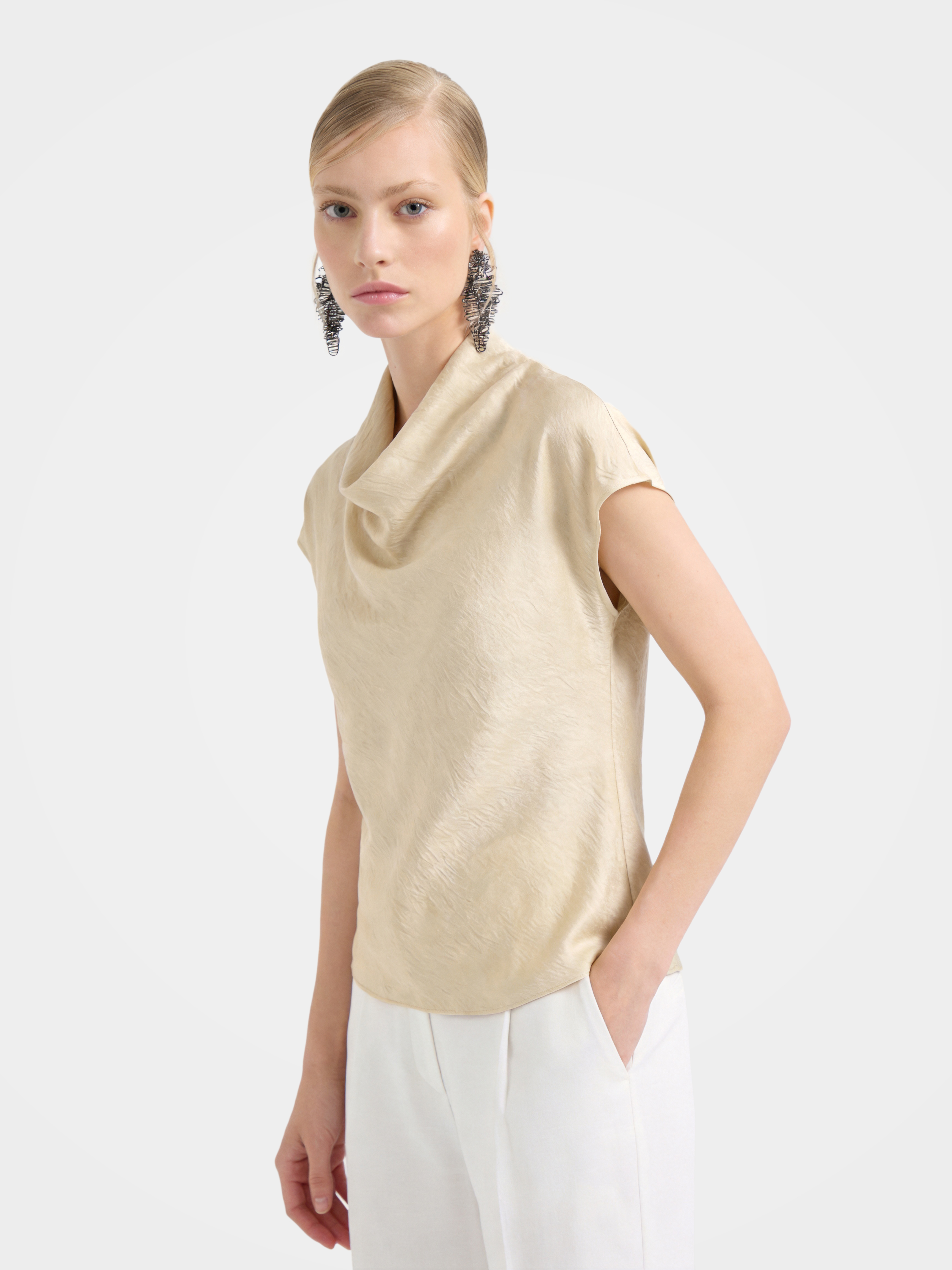 100% Mulberry Silk Cowl Neck Short Sleeve Top