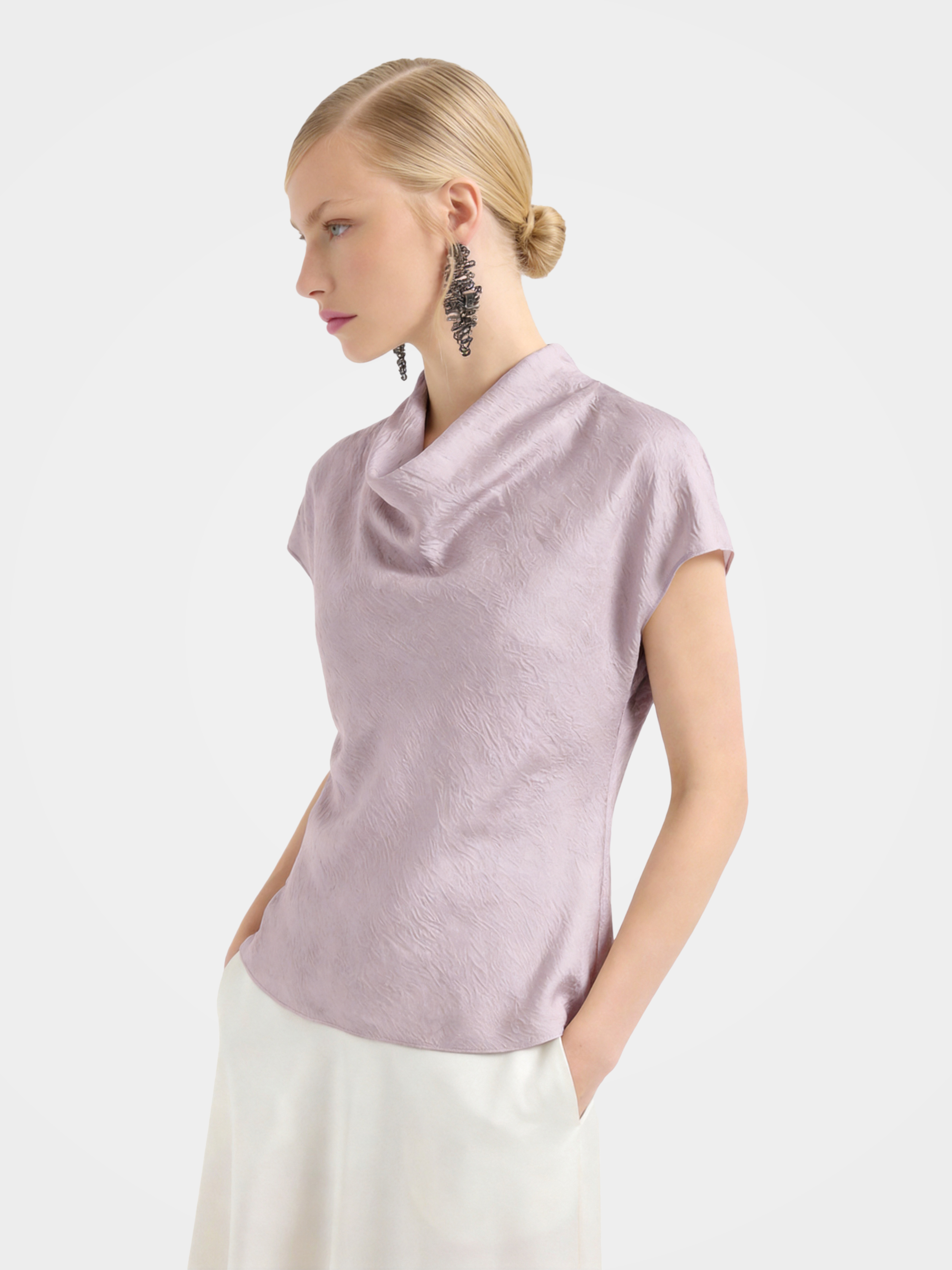 100% Mulberry Silk Cowl Neck Short Sleeve Top