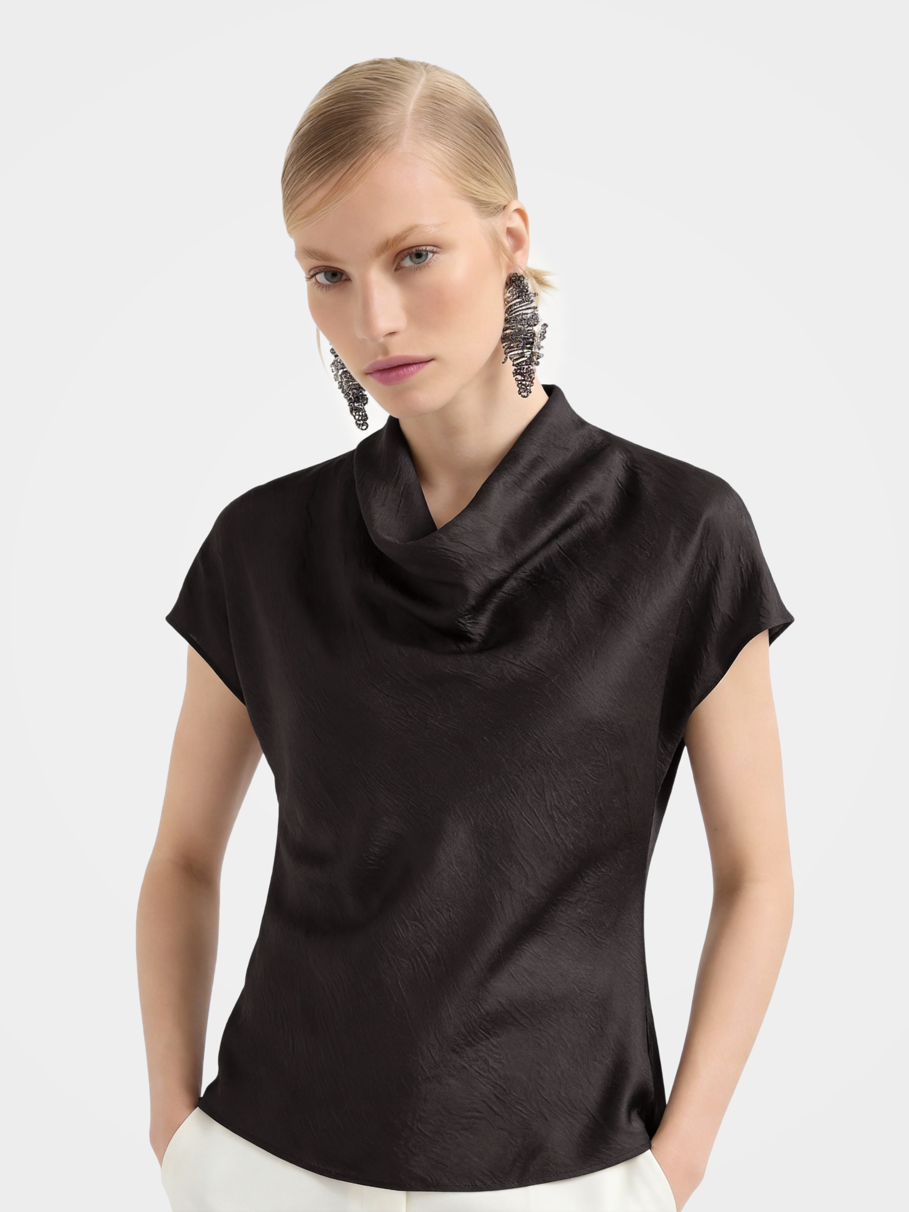 100% Mulberry Silk Cowl Neck Short Sleeve Top