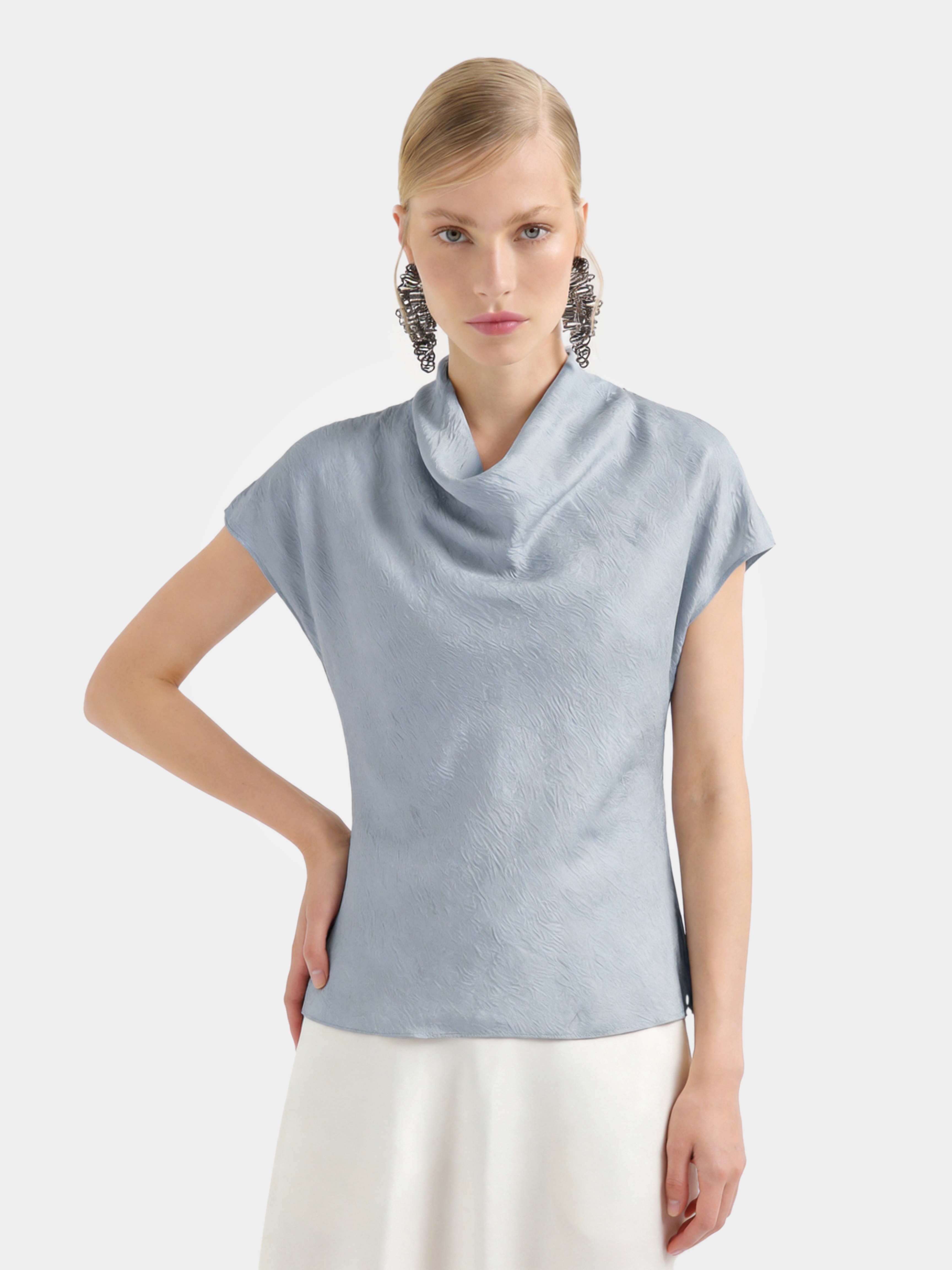 100% Mulberry Silk Cowl Neck Short Sleeve Top