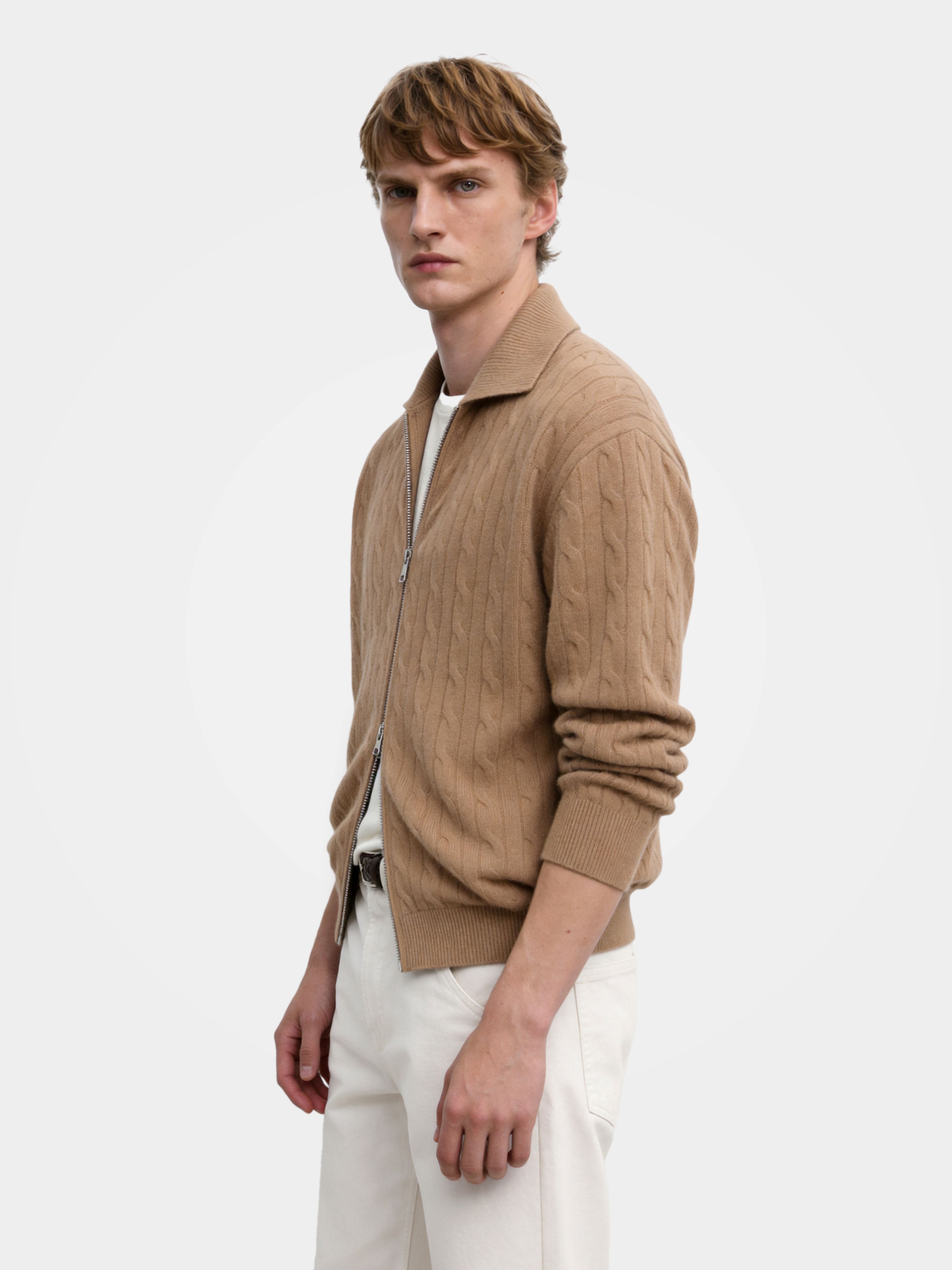 Men's 100% Cashmere Collared Zip Cable Knit Cardigan