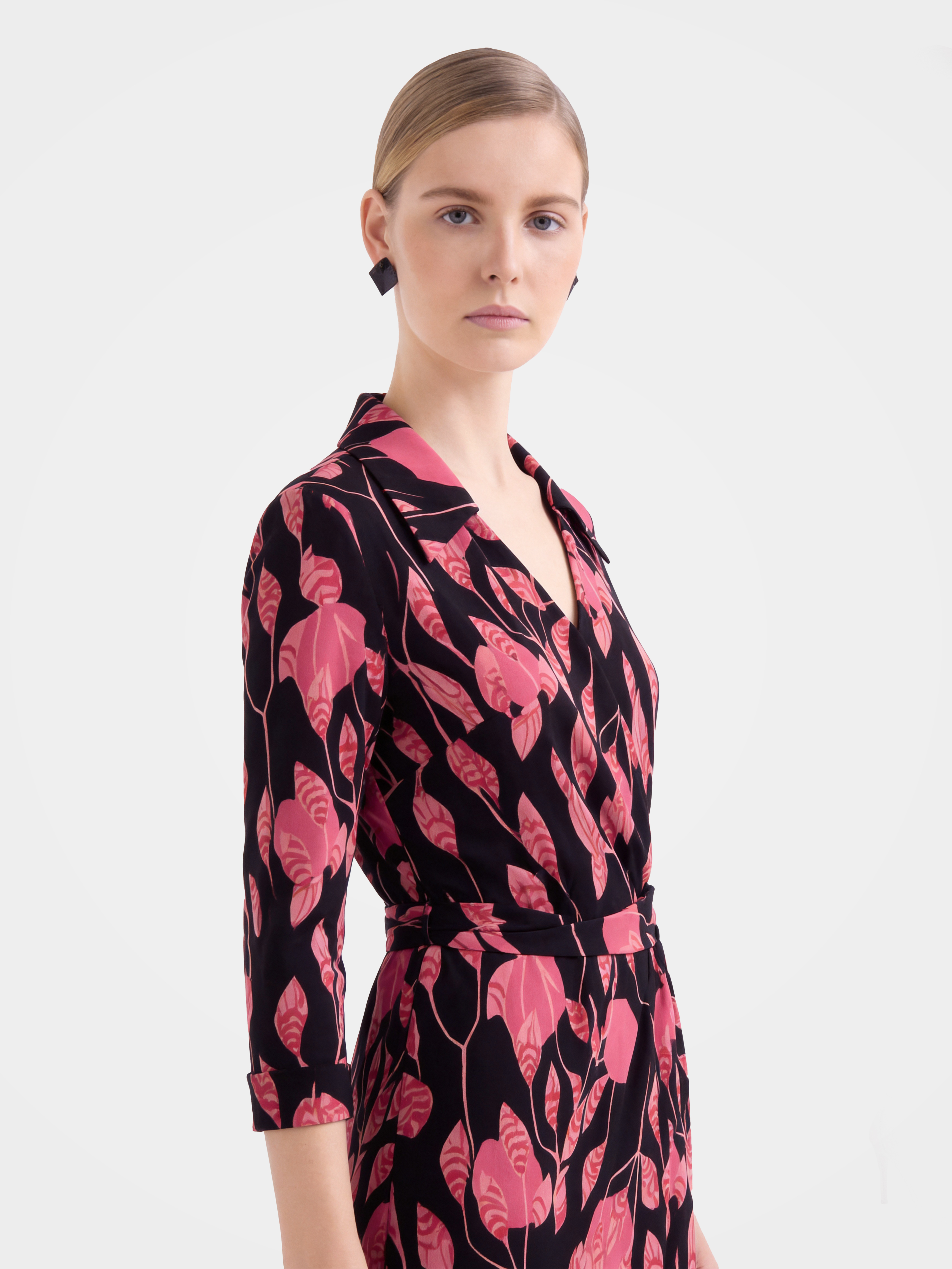Luxury 100% Mulberry Silk Leaf Wrap Midi Dress