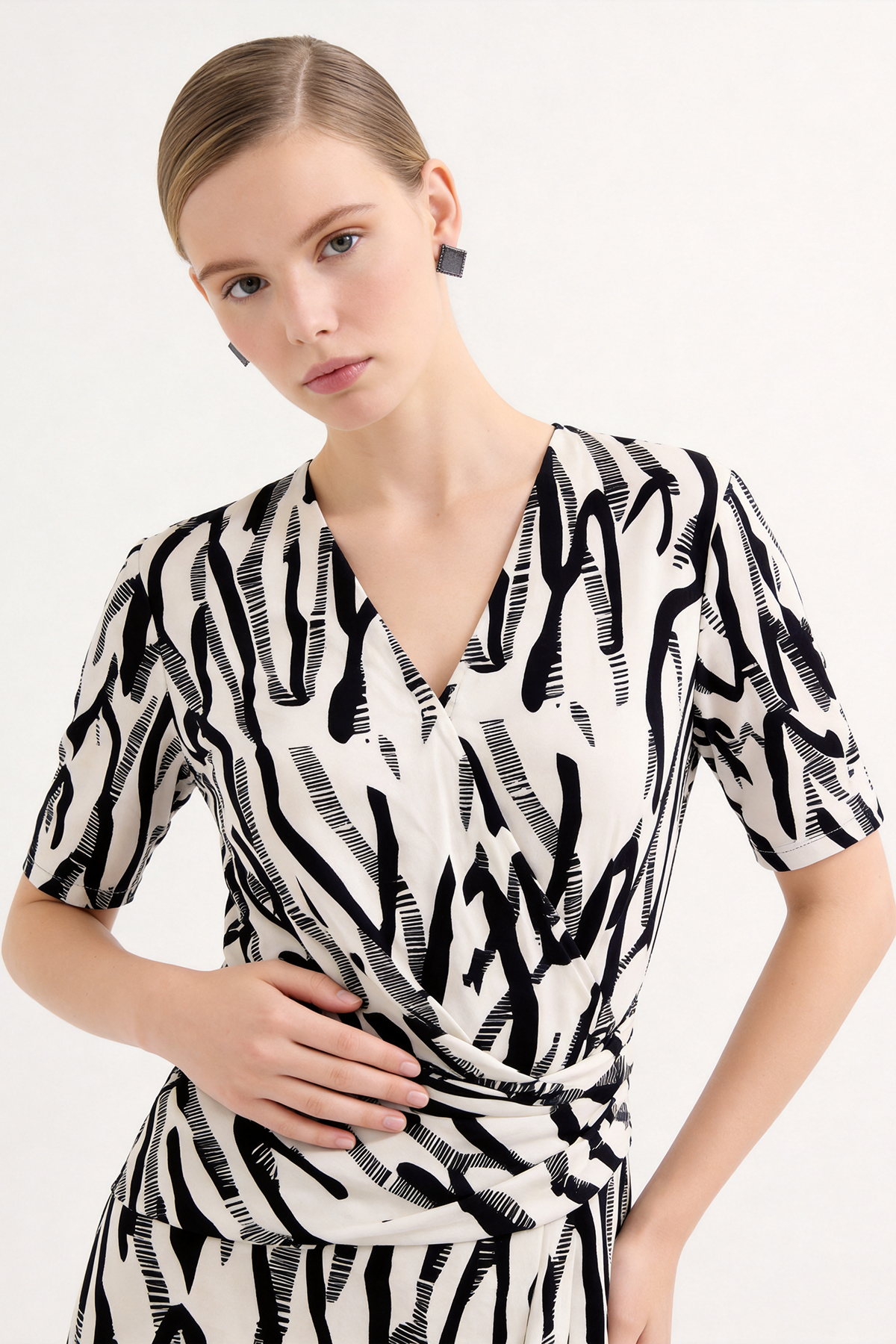 Black Silk Print Knee Length Wrap Dress
