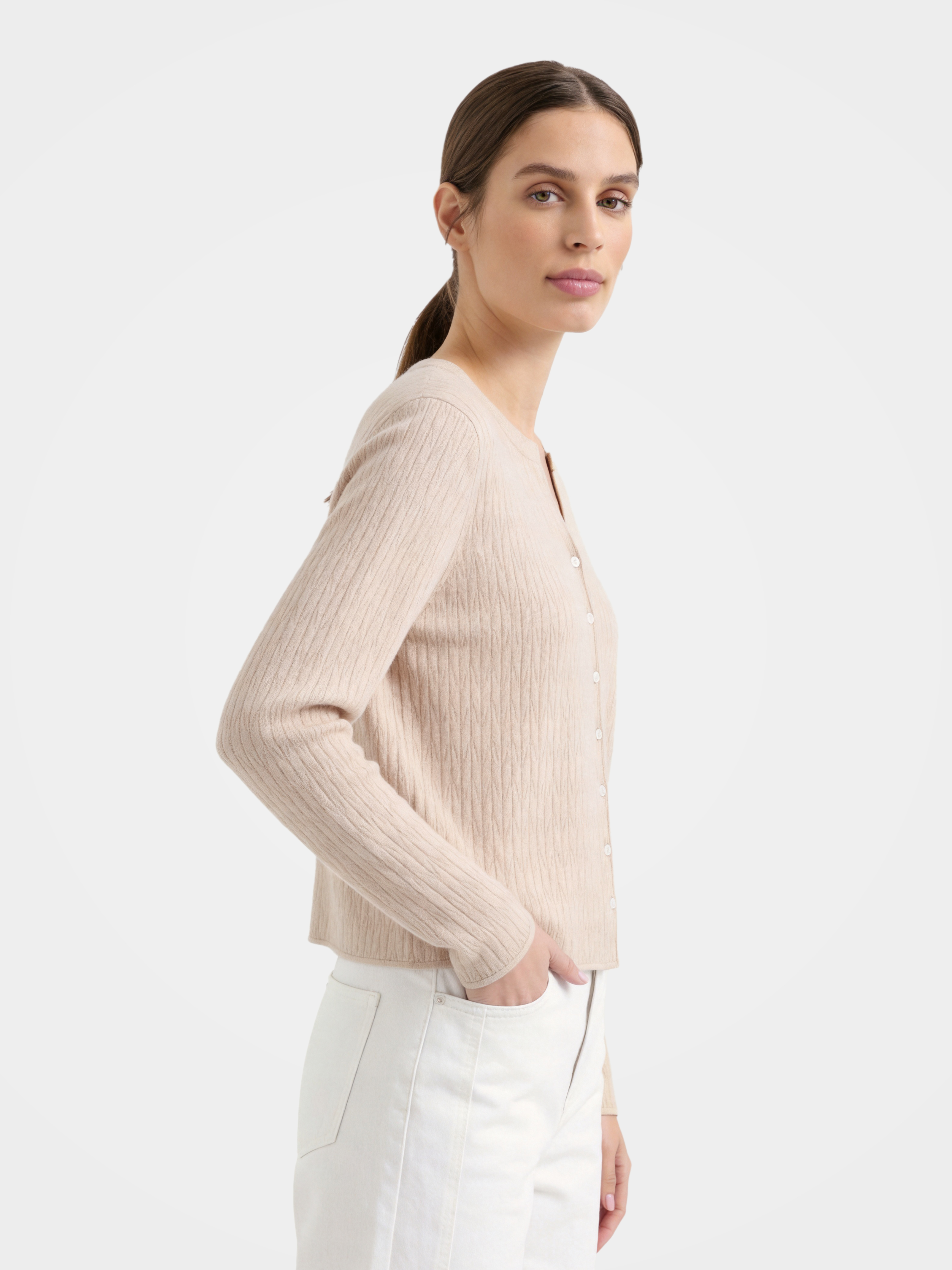 Lightweight Mongolian Cashmere Crew Neck Knit Cardigan