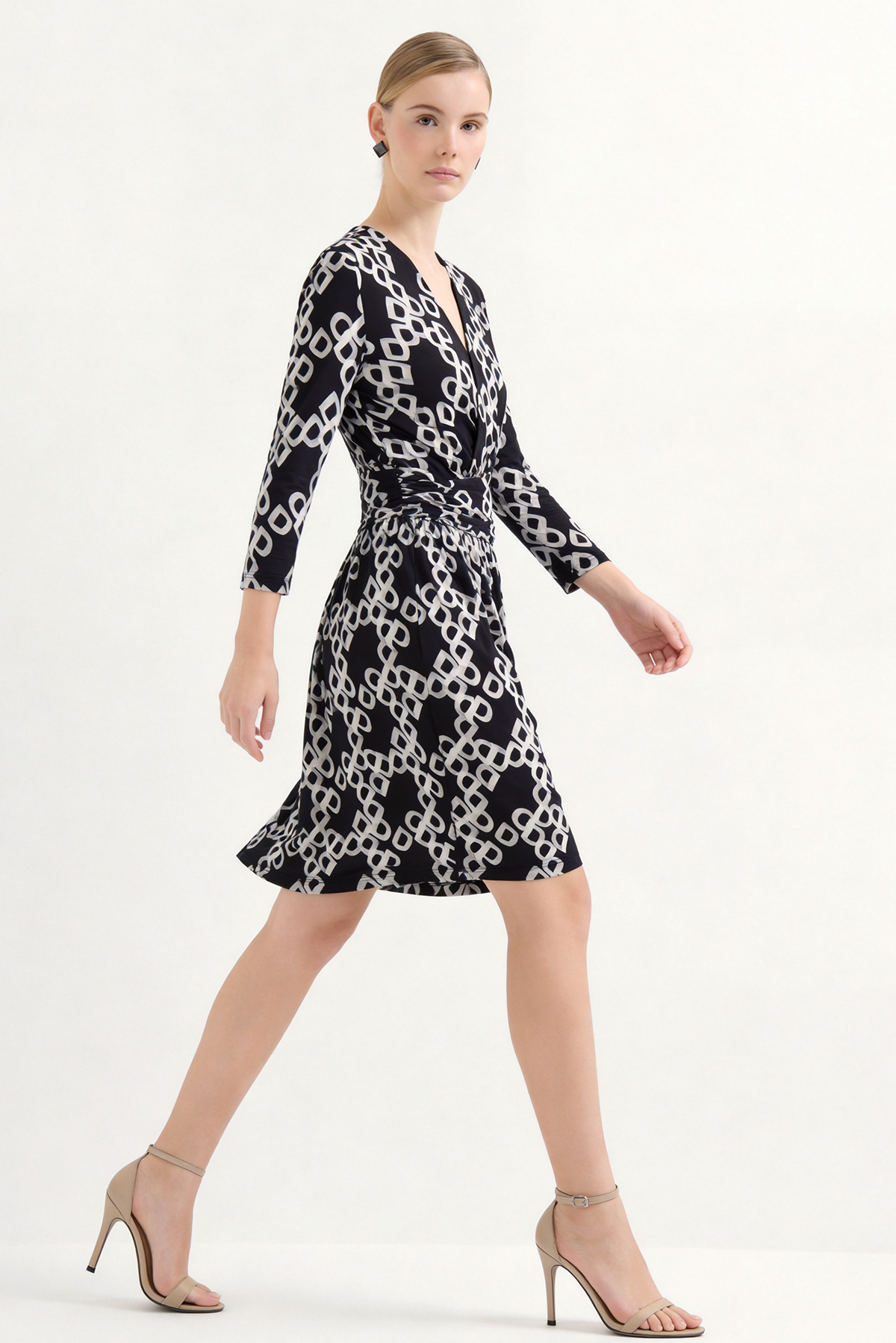 Black Silk V Neck Print Mini Dress