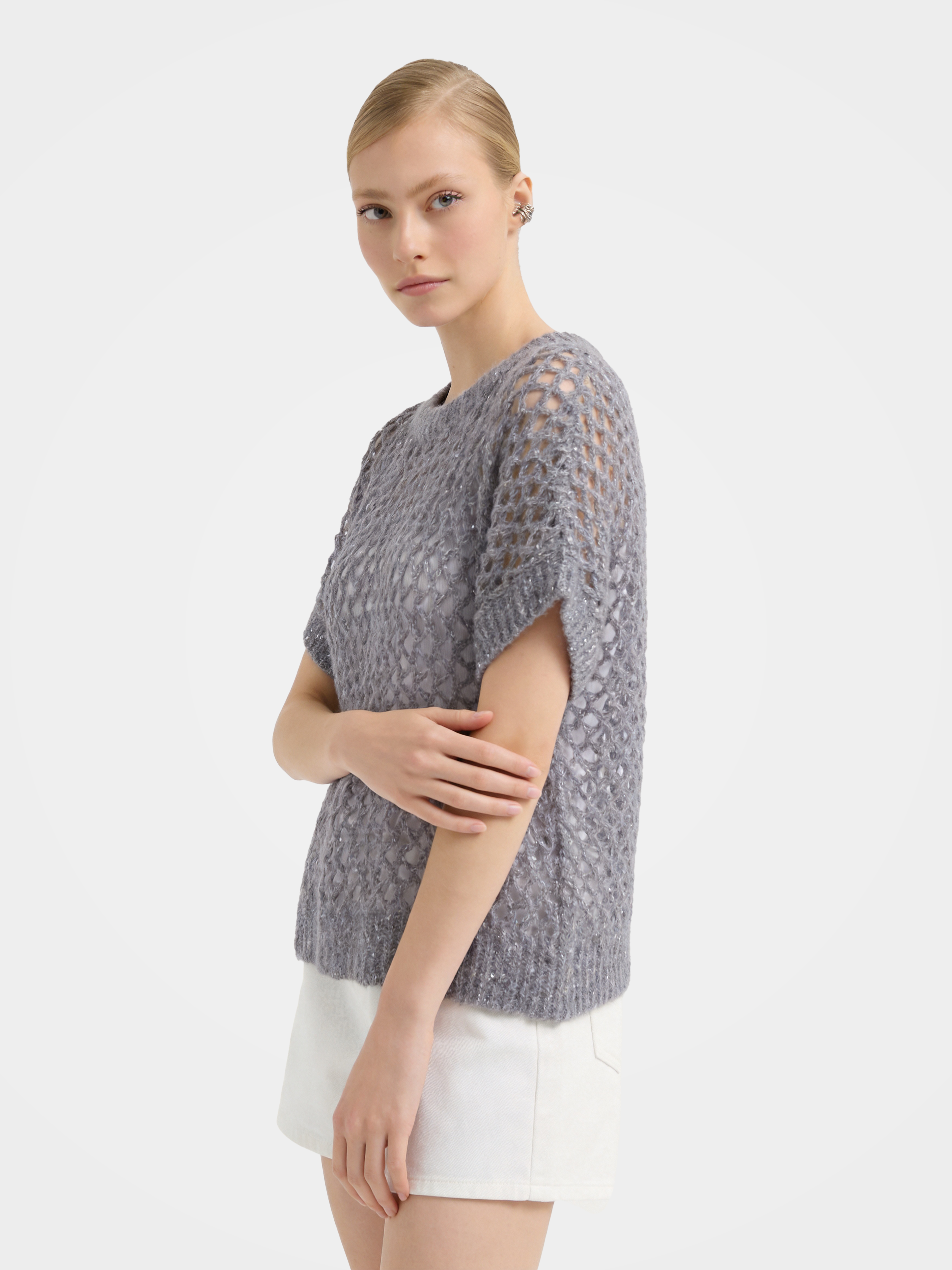 Mongolian Cashmere Short Sleeve  Openwork knit Top