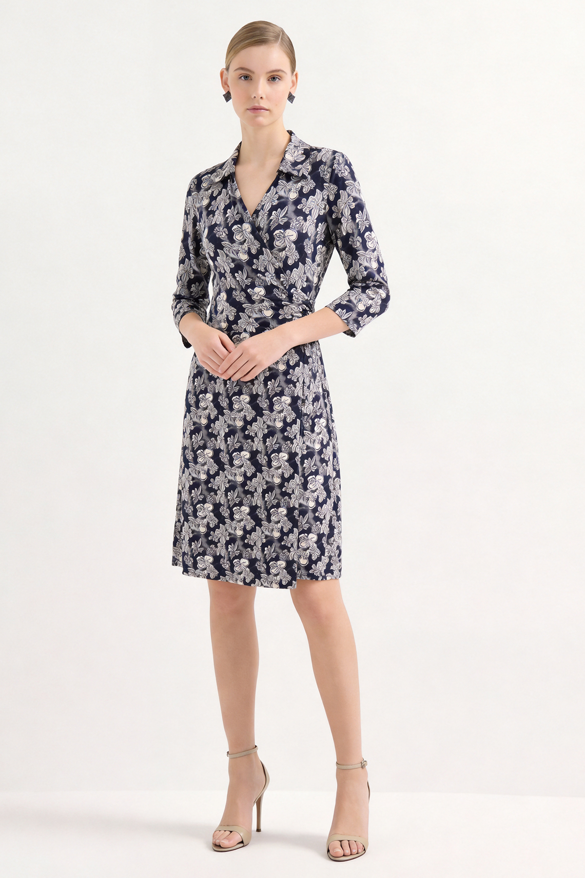 Black Silk Shirt Print Knee Length Wrap Dress