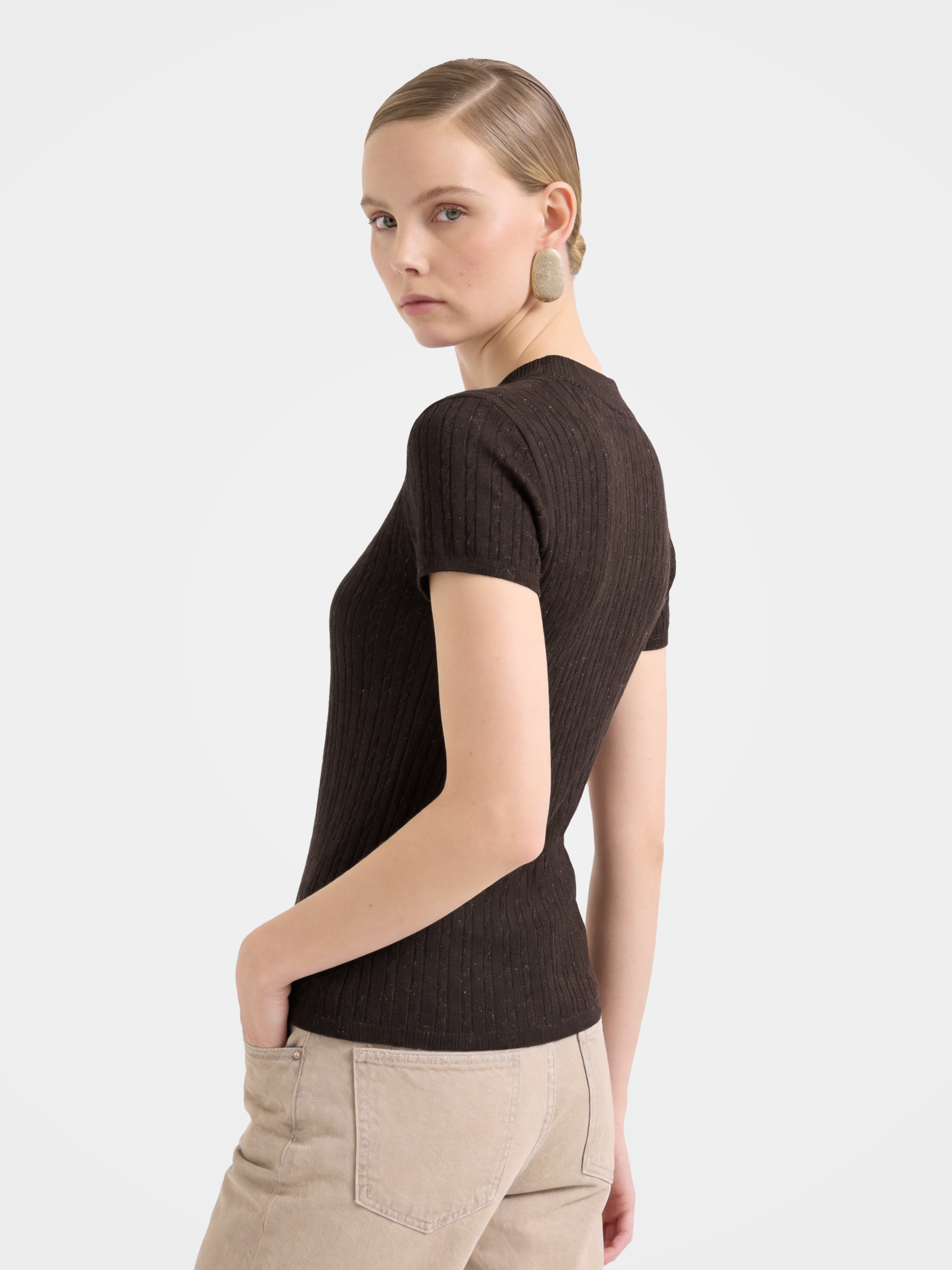 Wool Cashmere Blend Ribbed Metallic Knit Short Sleeve Top