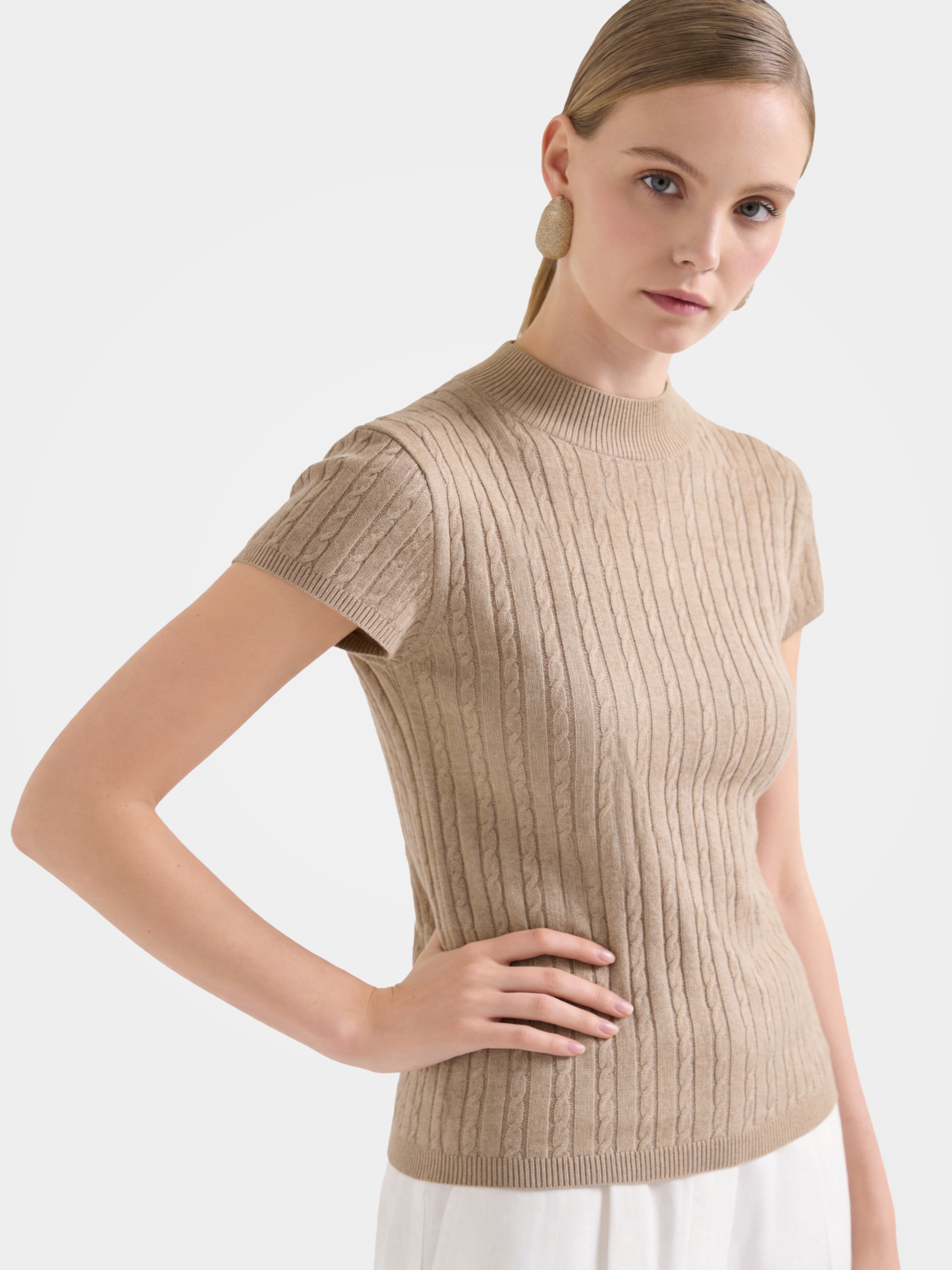 Wool Cashmere Blend Ribbed Metallic Knit Short Sleeve Top
