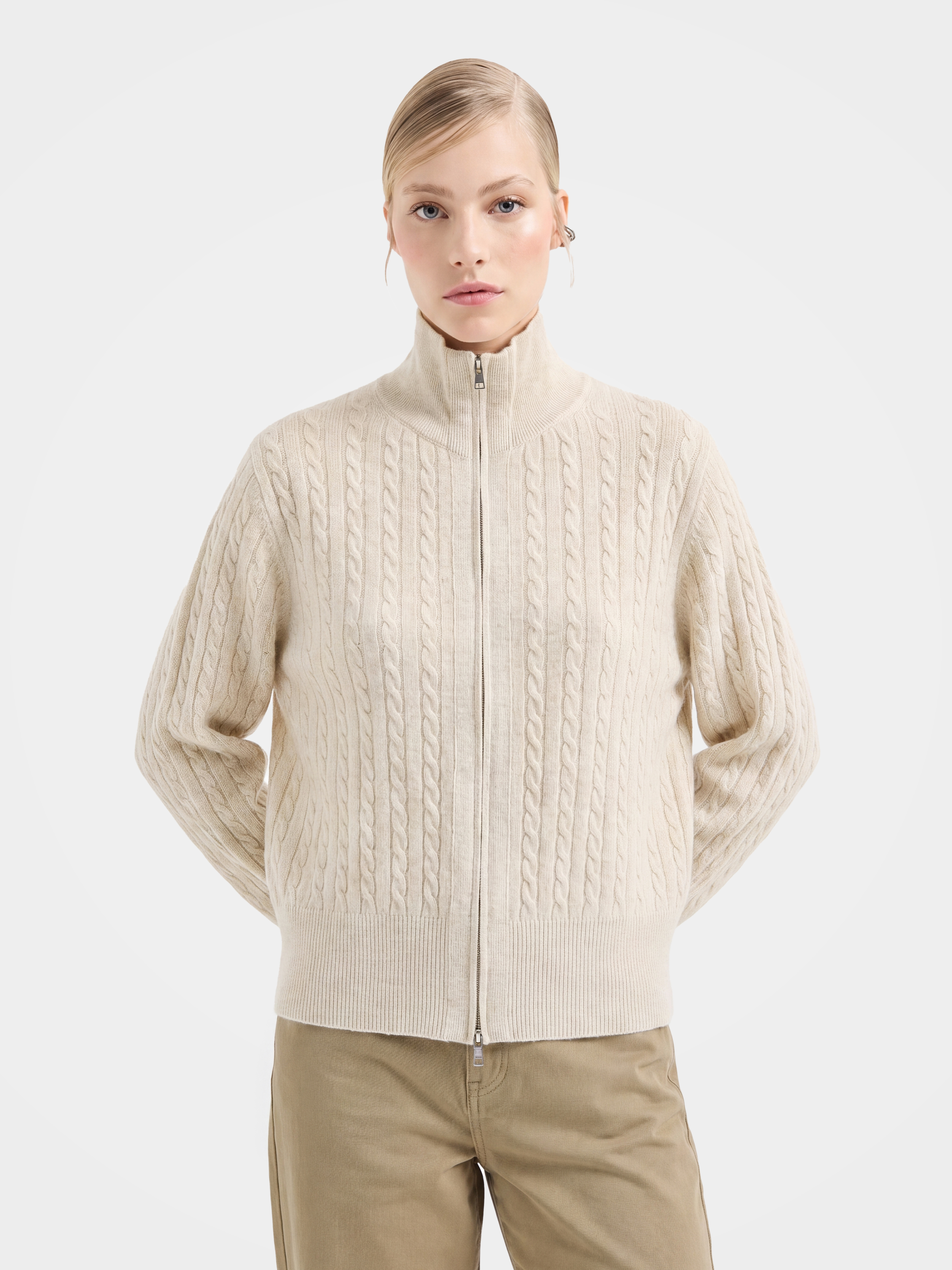 100% Mongolian Cashmere Knit Collared Cable Cardigan