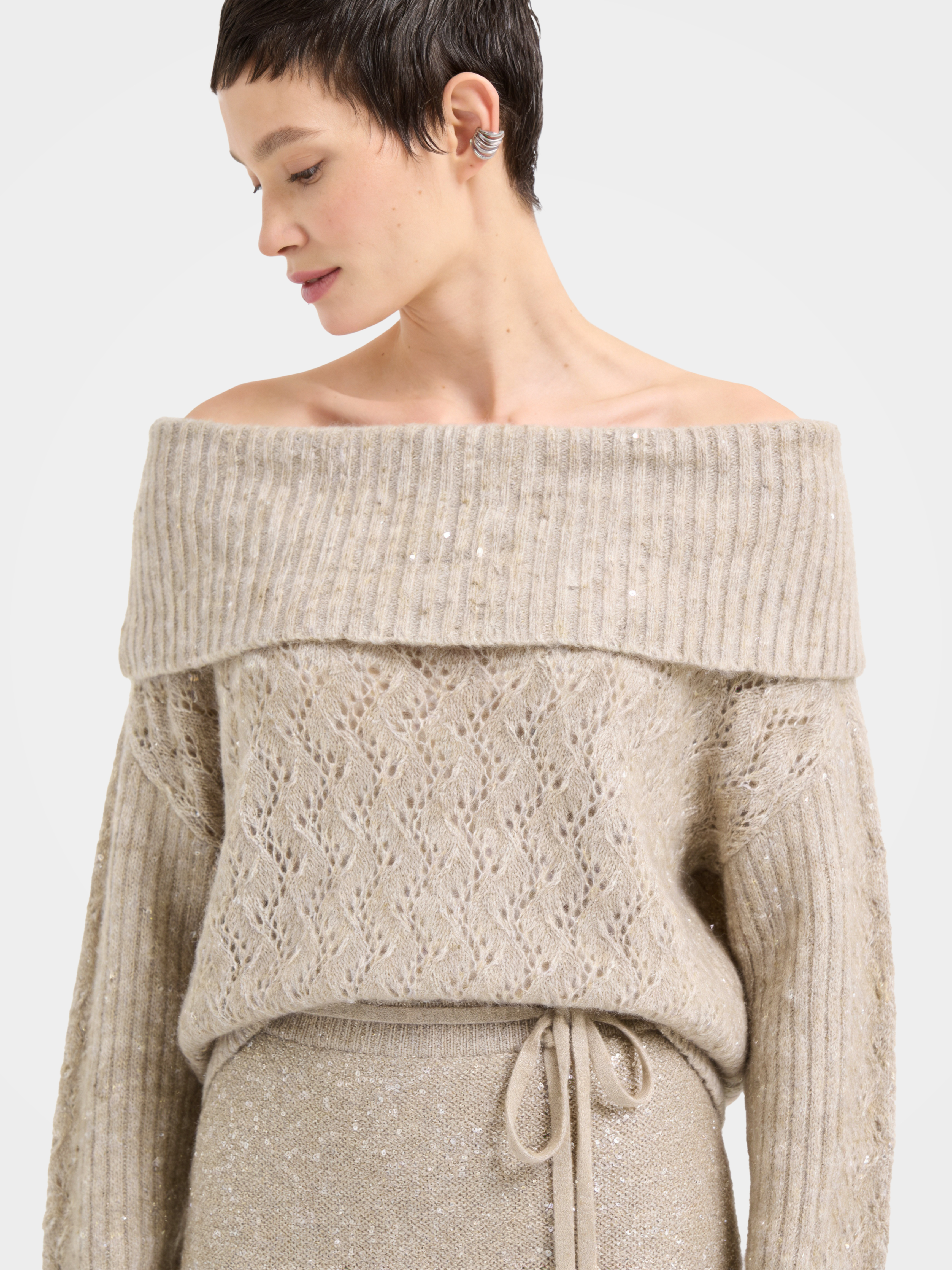 Lightweight Mongolian Cashmere Off Shoulder Sequins Knit Top