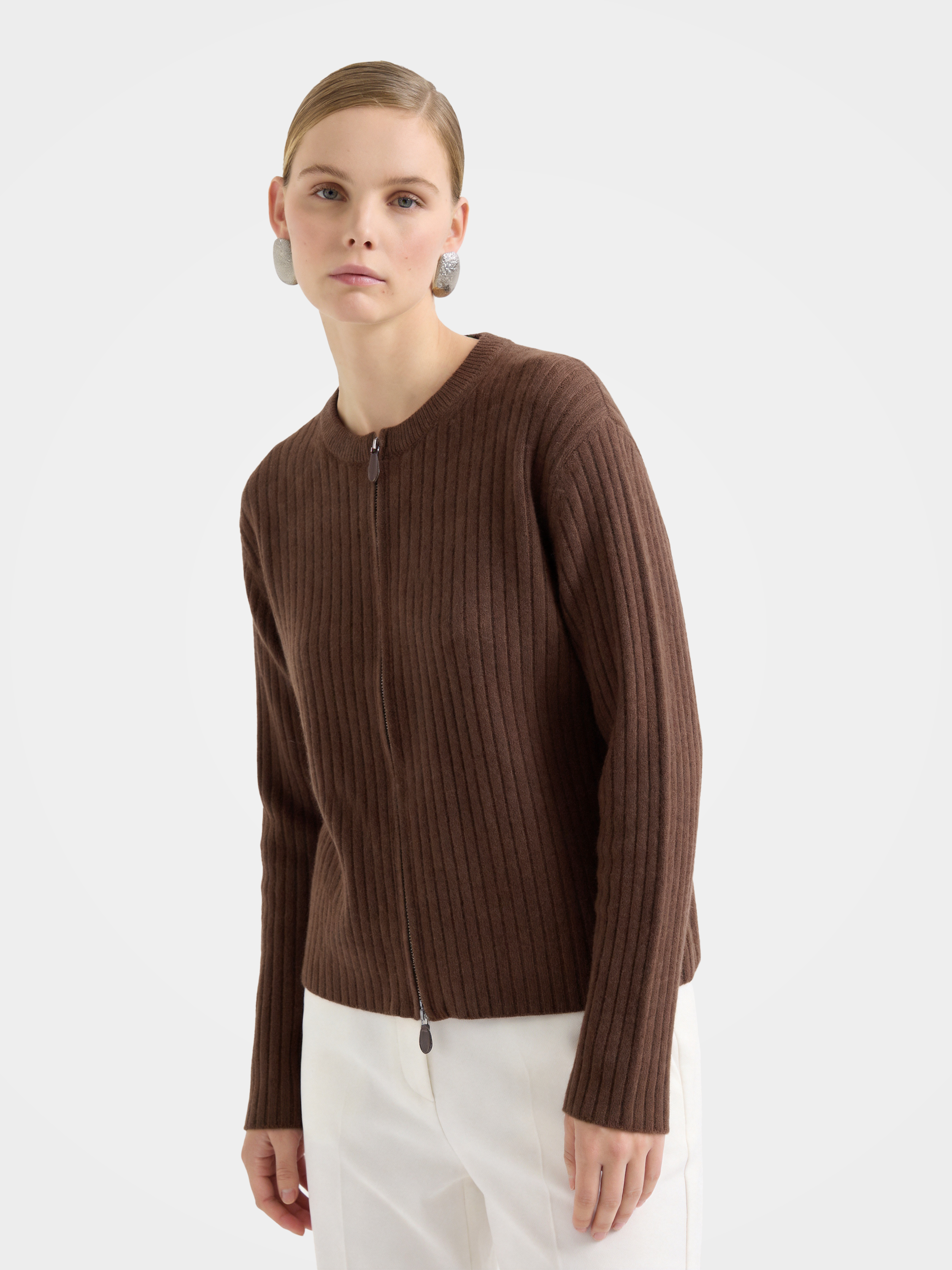 Textured 100% Mongolian Cashmere Knit Zip Cardigan