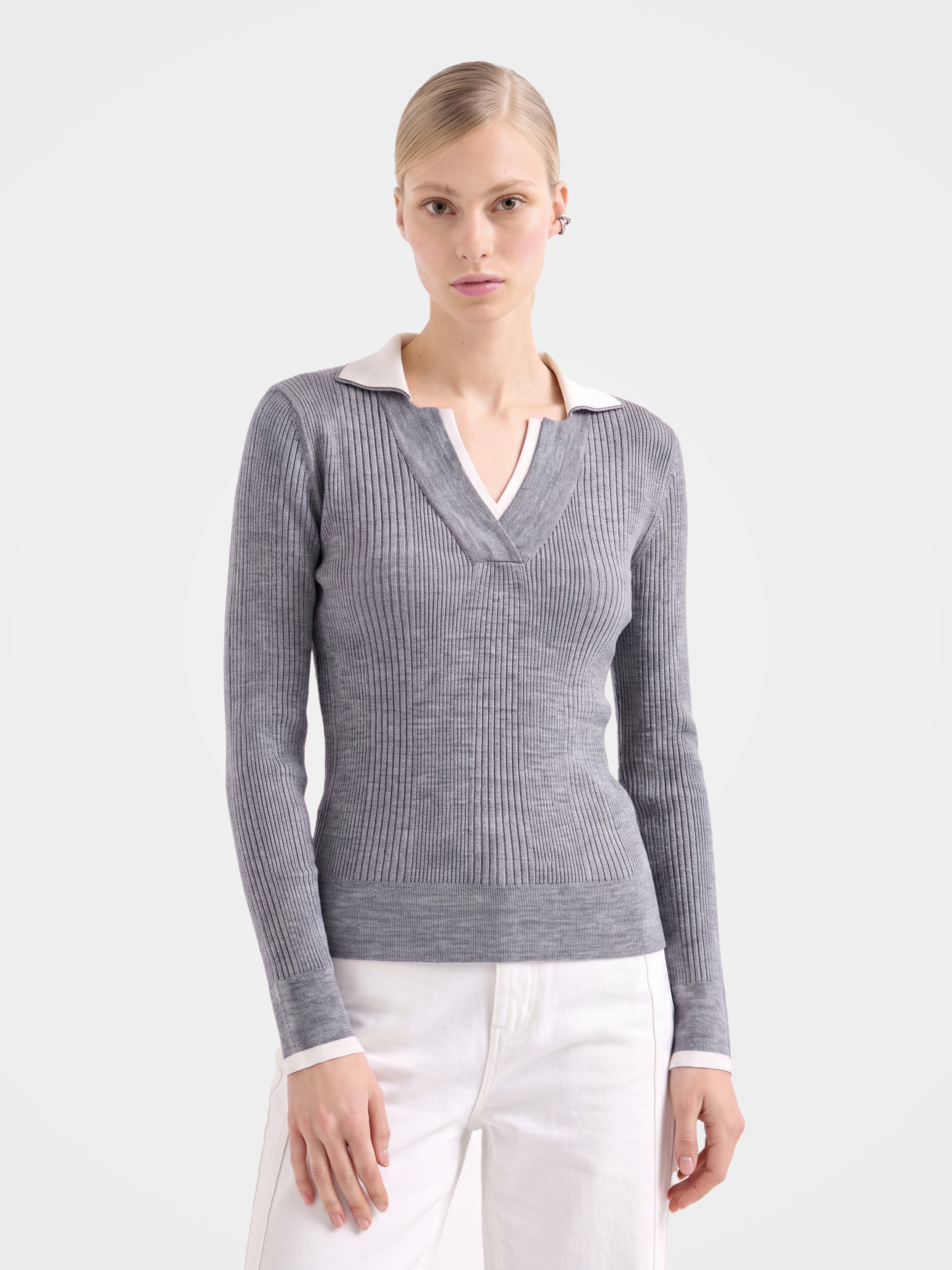 Lightweight Wool V-Neck Patchwork Knit Top