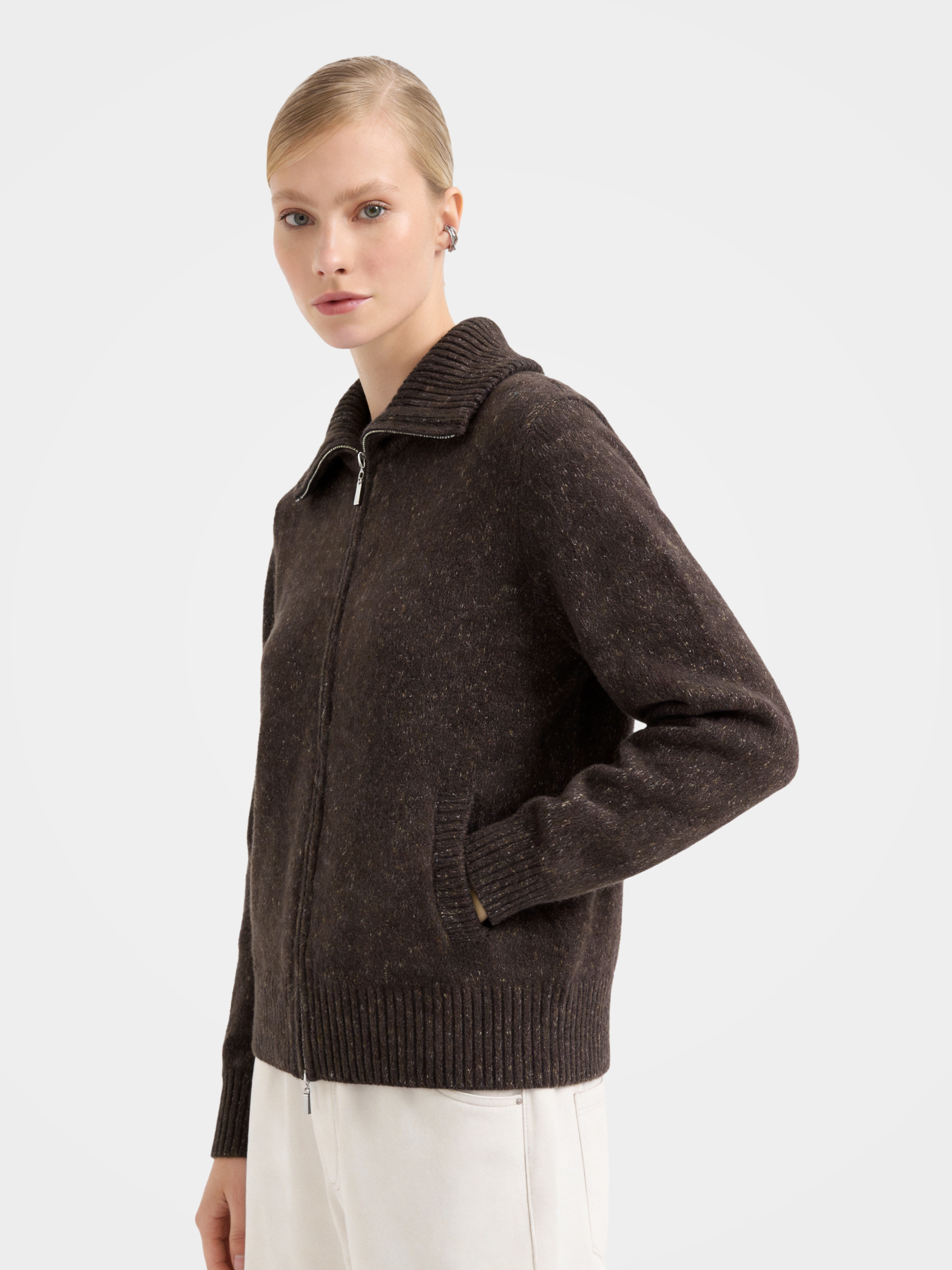 Texture 100% Wool Zip up Knit Cardigan