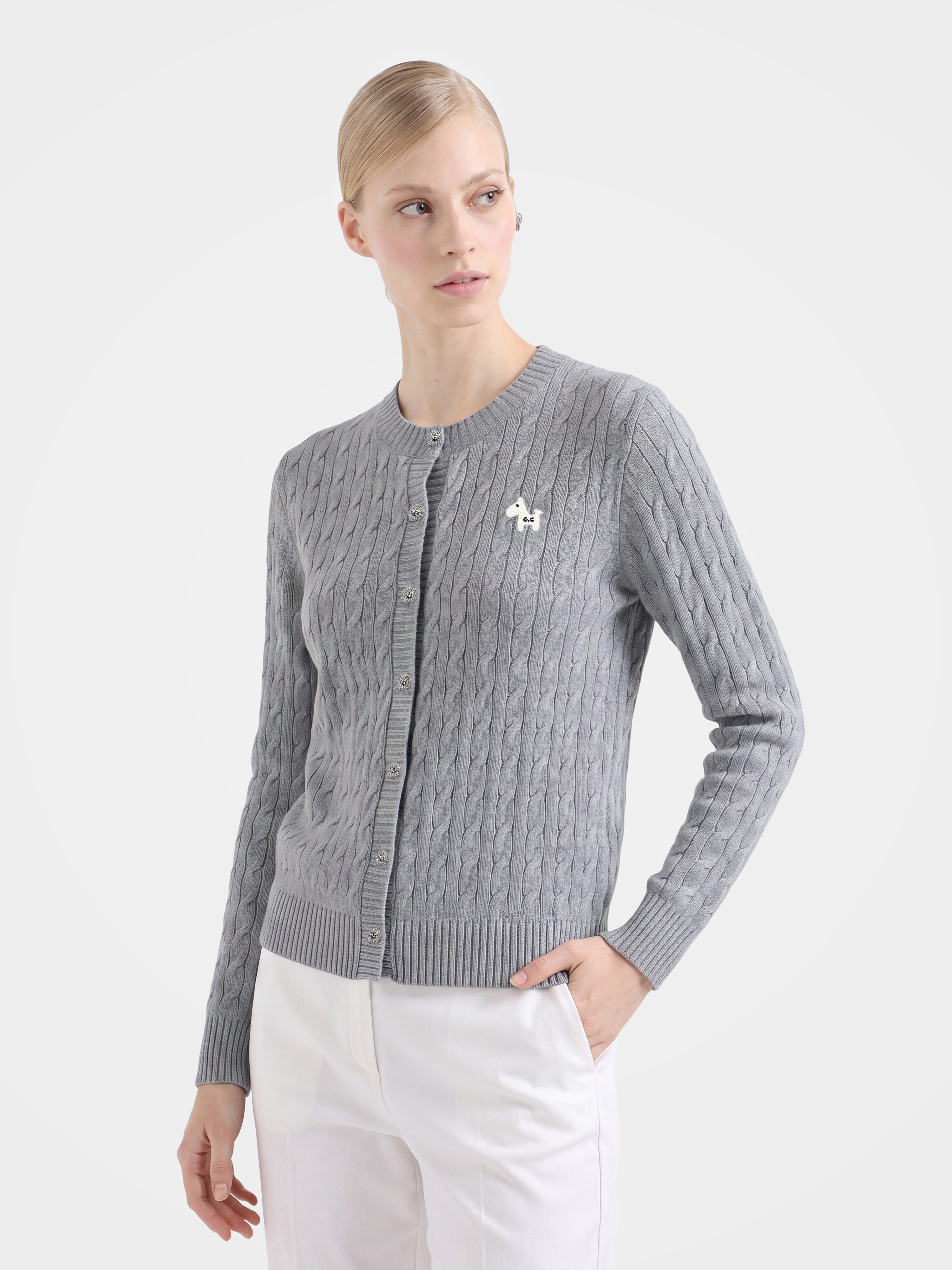Textured 100% Mongolian Cashmere Crew Neck Cable Knit Cardigan