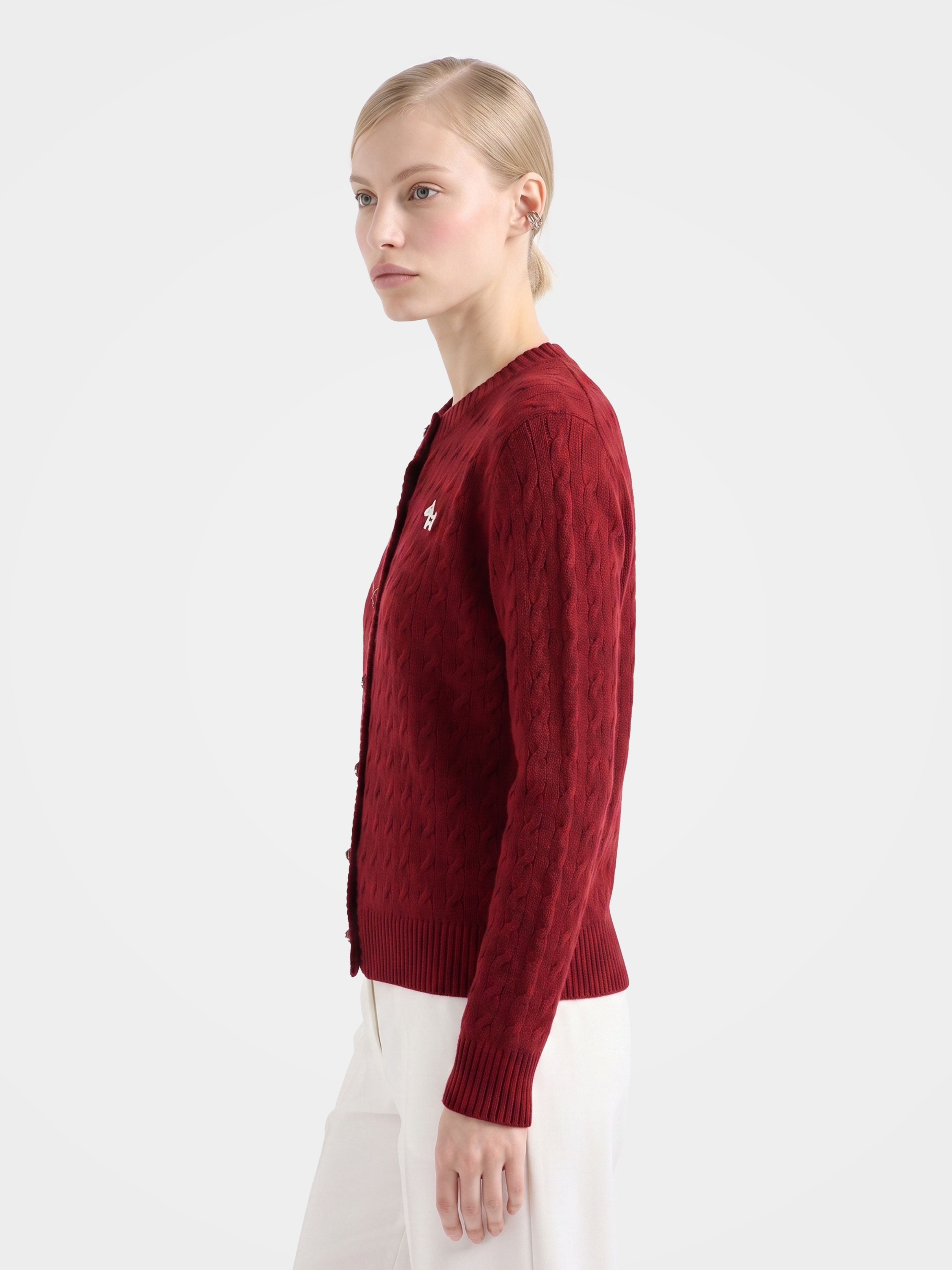 Textured 100% Mongolian Cashmere Crew Neck Cable Knit Cardigan
