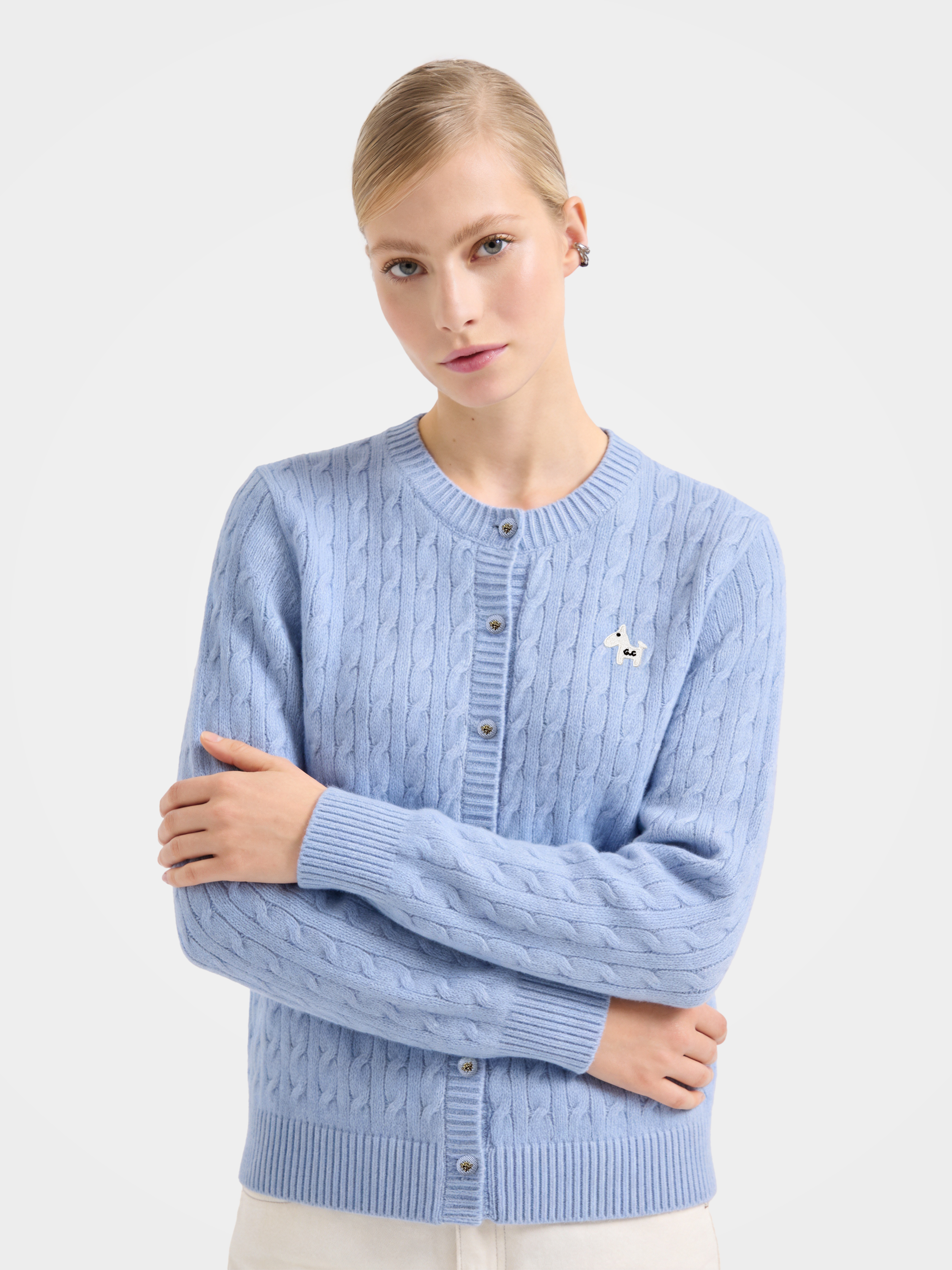 Textured 100% Mongolian Cashmere Crew Neck Cable Knit Cardigan