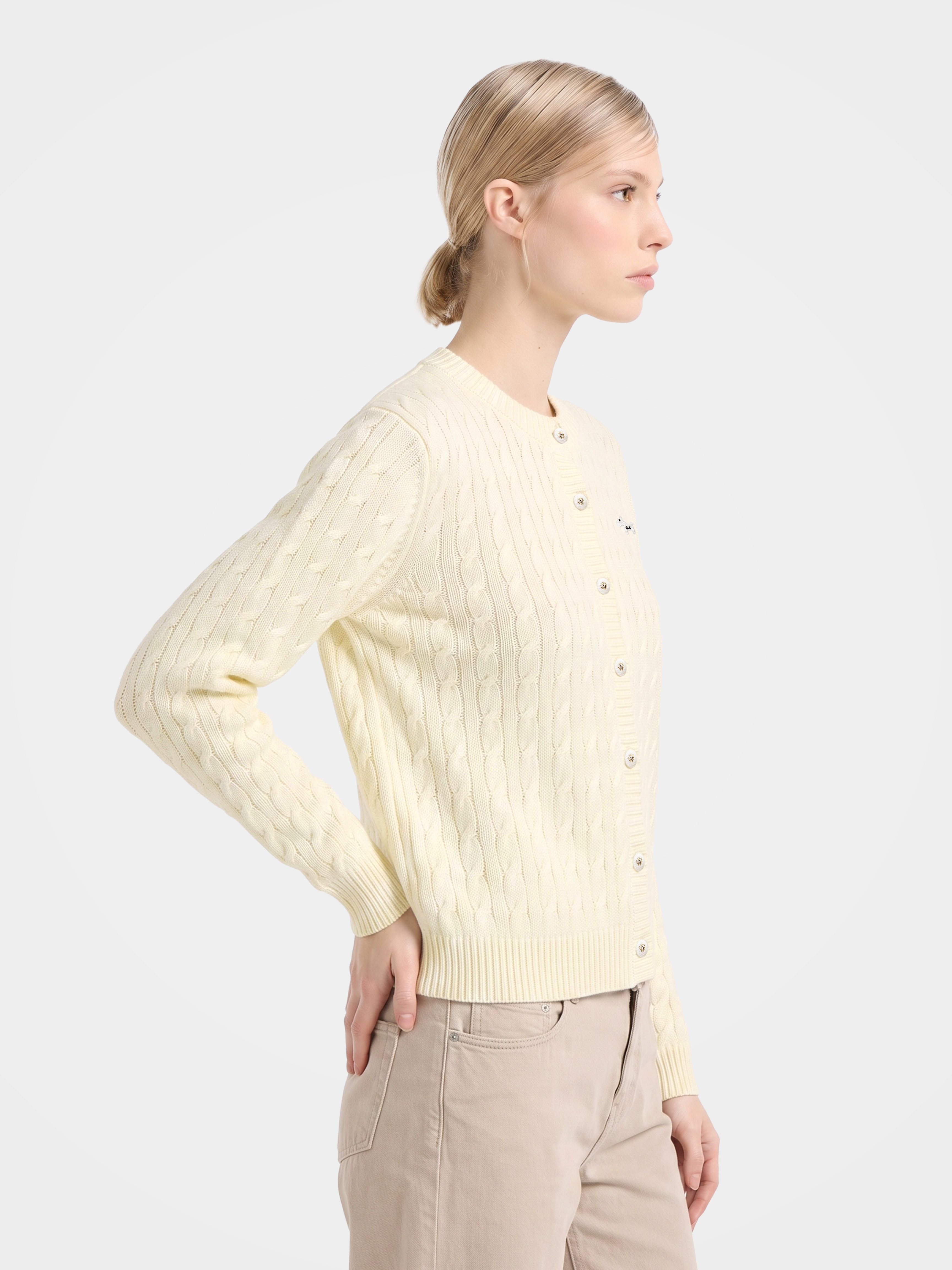 Textured 100% Mongolian Cashmere Crew Neck Cable Knit Cardigan