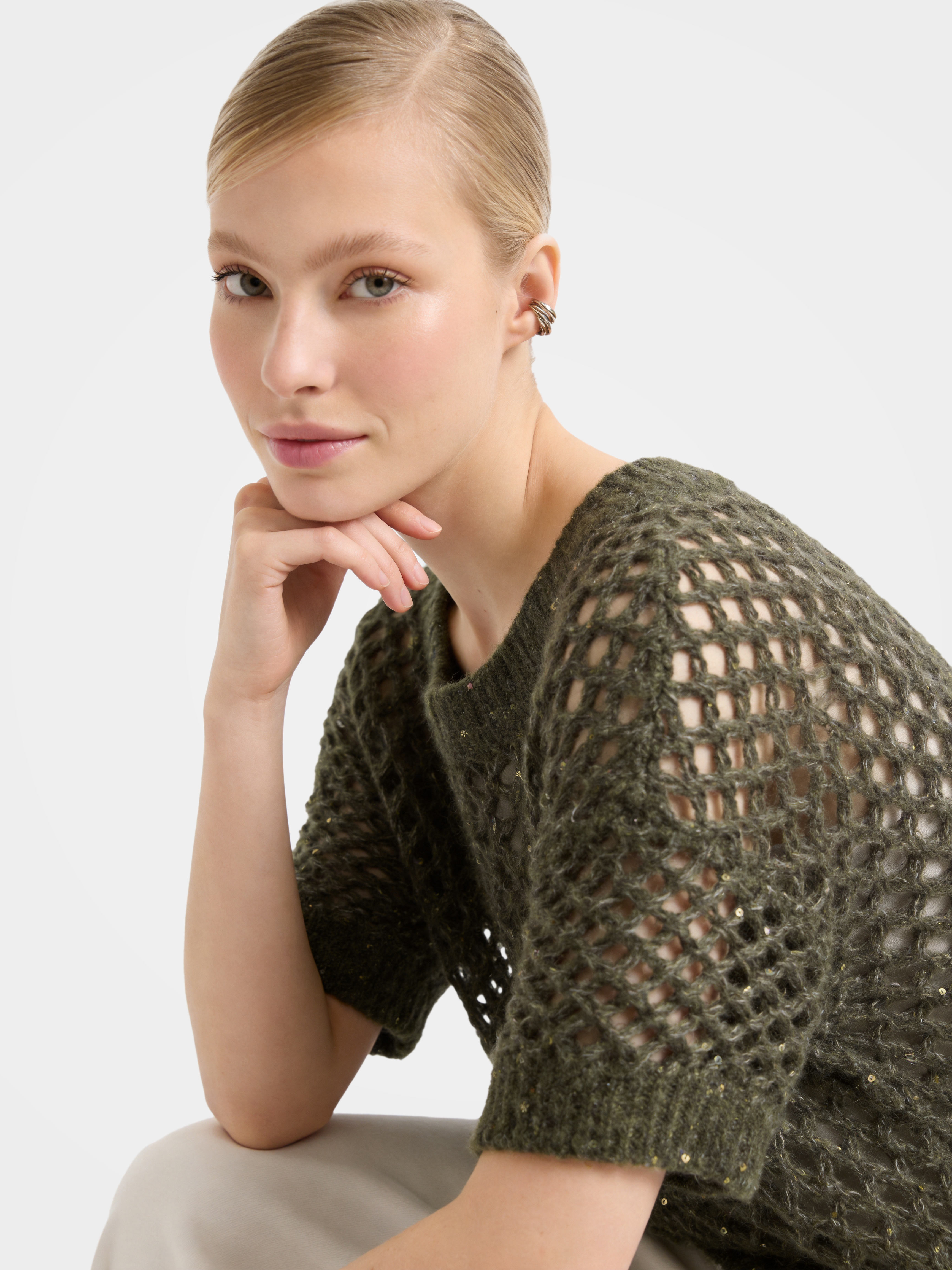 Mongolian Cashmere Silk Openwork Sequin Short Sleeve Top