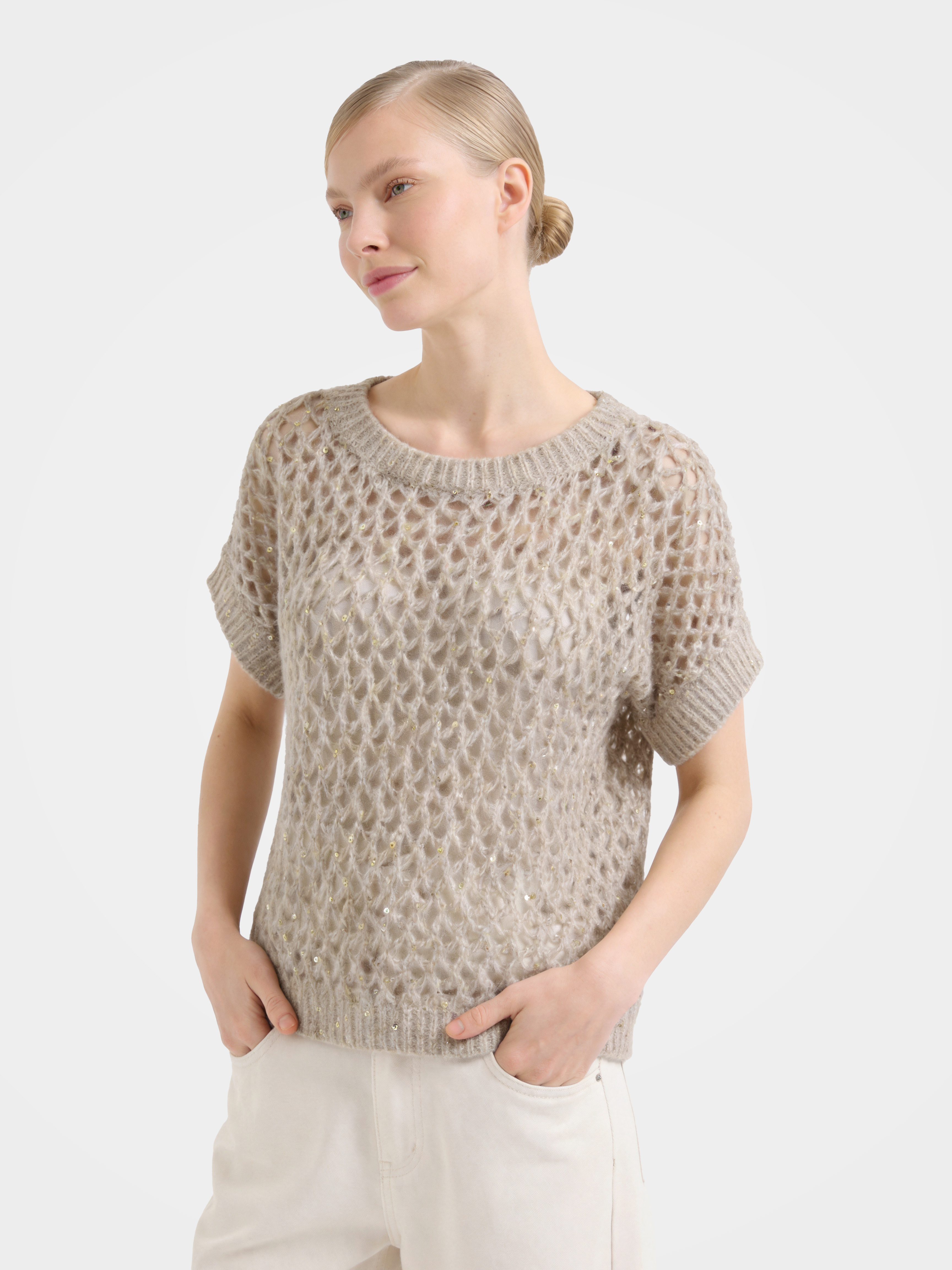 Mongolian Cashmere Silk Openwork Sequin Short Sleeve Top