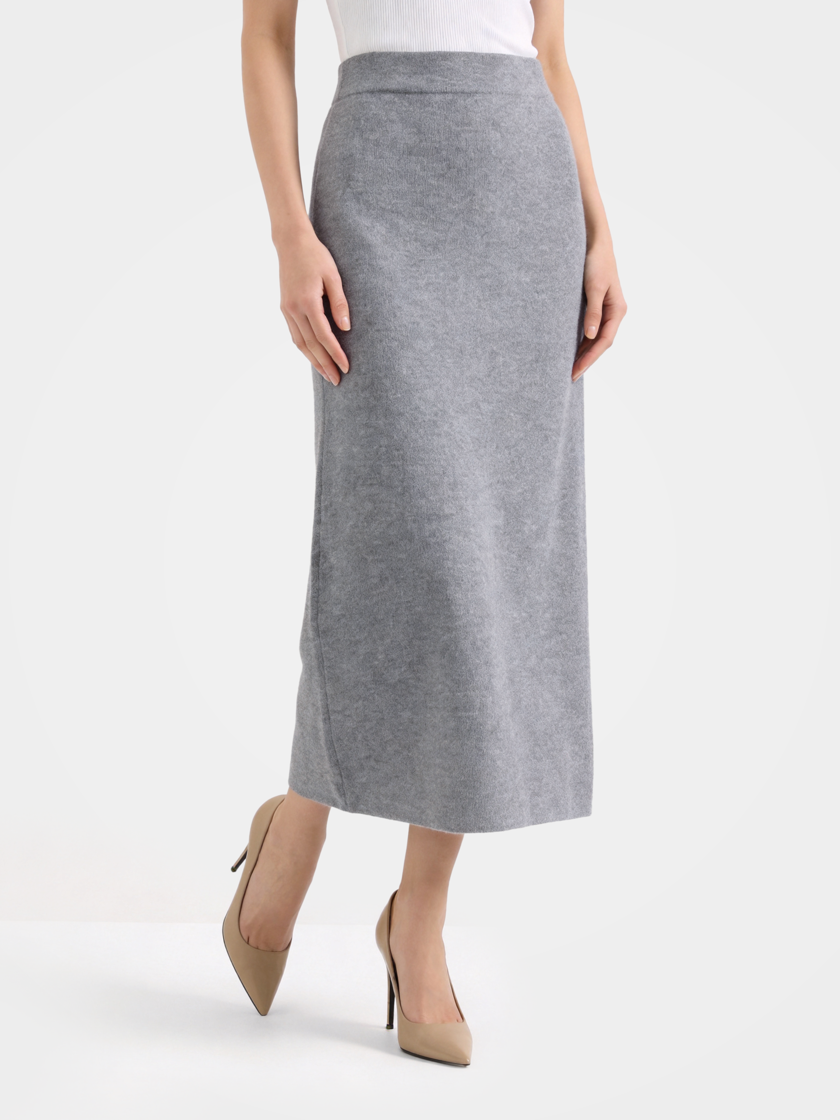 100% Mongolian Cashmere Midi Ribbed Waist Sweater Skirt